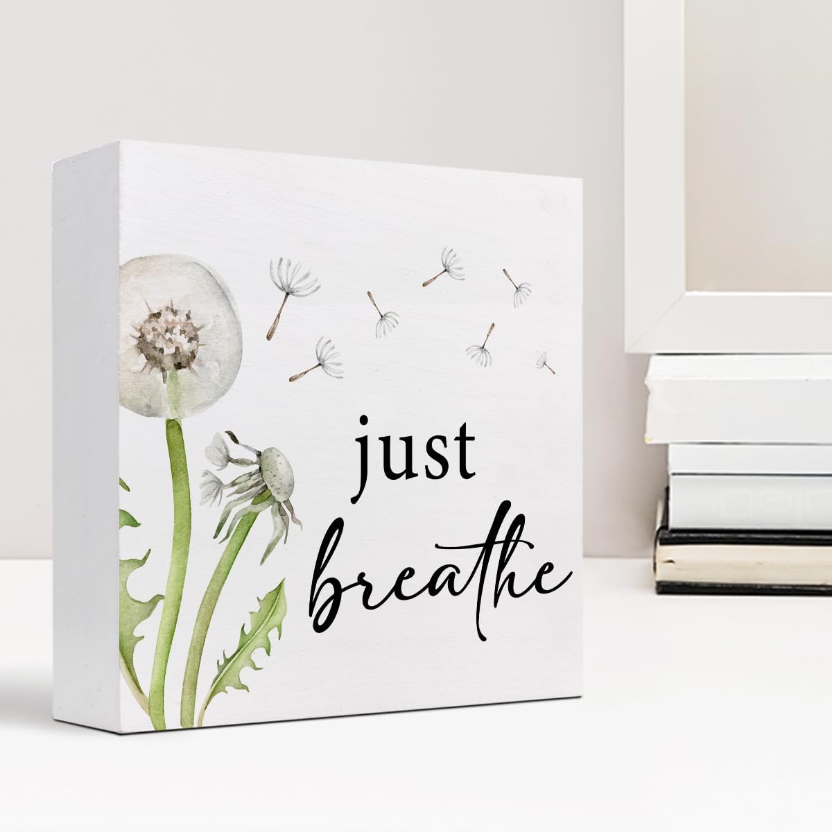 Z-Crange Just Breathe Dandelion Wood Block Sign, Rustic Wooden Plaque for Home, Bedroom, Meditation Space, Office, Shelf, Table Decor