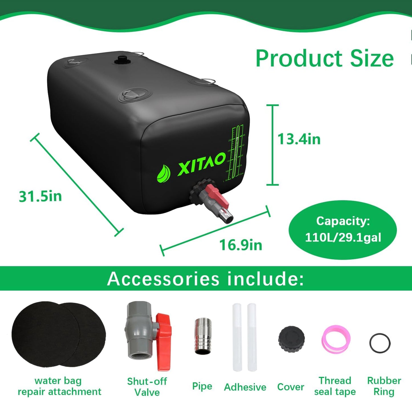 XITAO 29Gal Water Storage Bladder w/Water Level Indicator, Large Capacity Foldable Water Storage Containers, Portable Emergency Water Tank Water Bag for RVs, Fire Prevention, Irrigation
