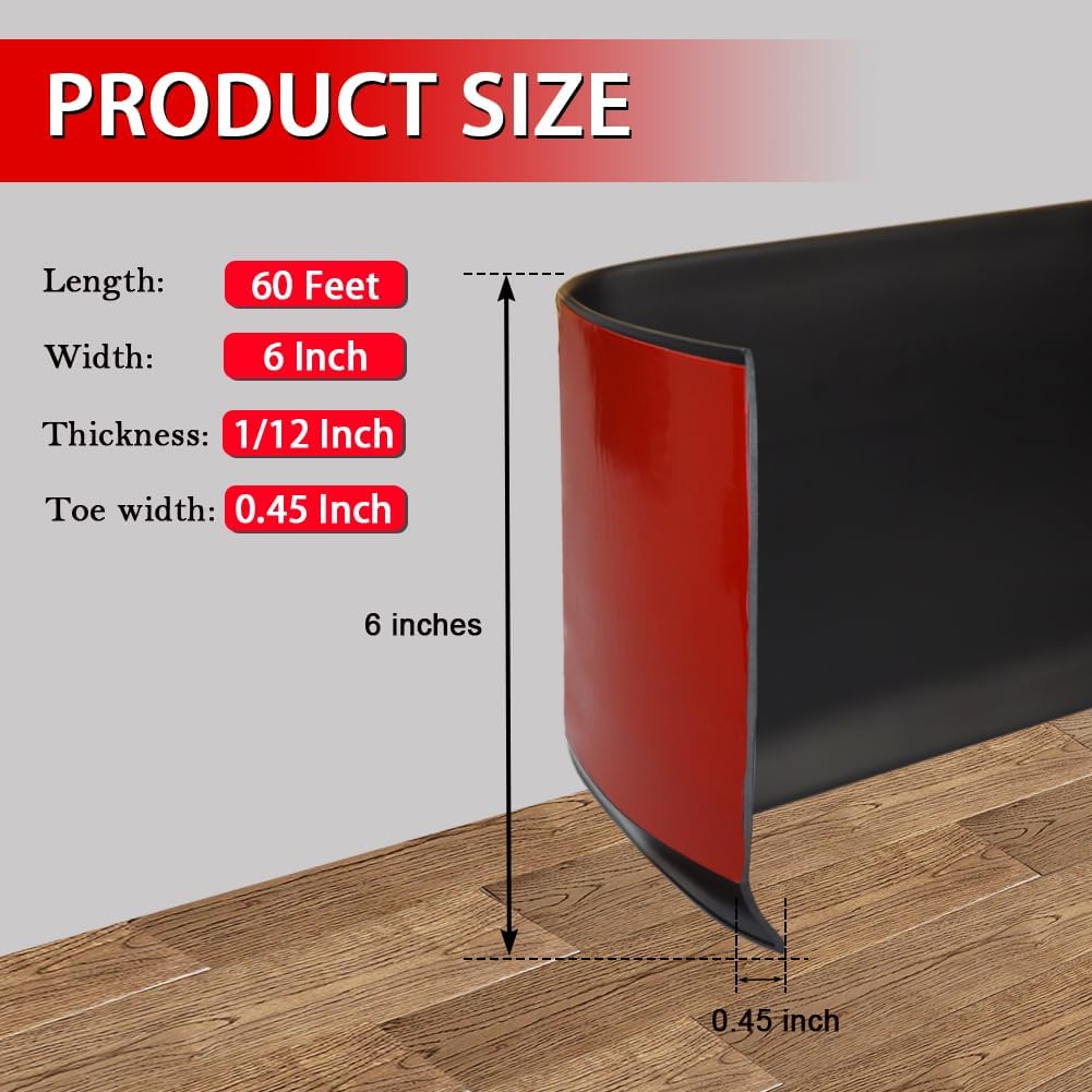 Vinyl Wall Base Baseboard Molding Trim 6" Flexible Self Adhesive Rubber Wall Base Moulding Trim Peel and Stick Design, 6 Inch x 60 Feet, Black