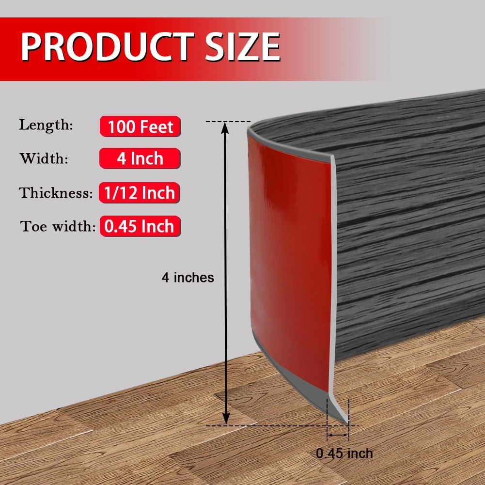 FONUNO Vinyl Wall Base Baseboard Molding Trim 4" Flexible Self Adhesive Rubber Wall Base Moulding Trim Peel and Stick Design, 4 Inch x 100 Feet, Dark Gray Wood