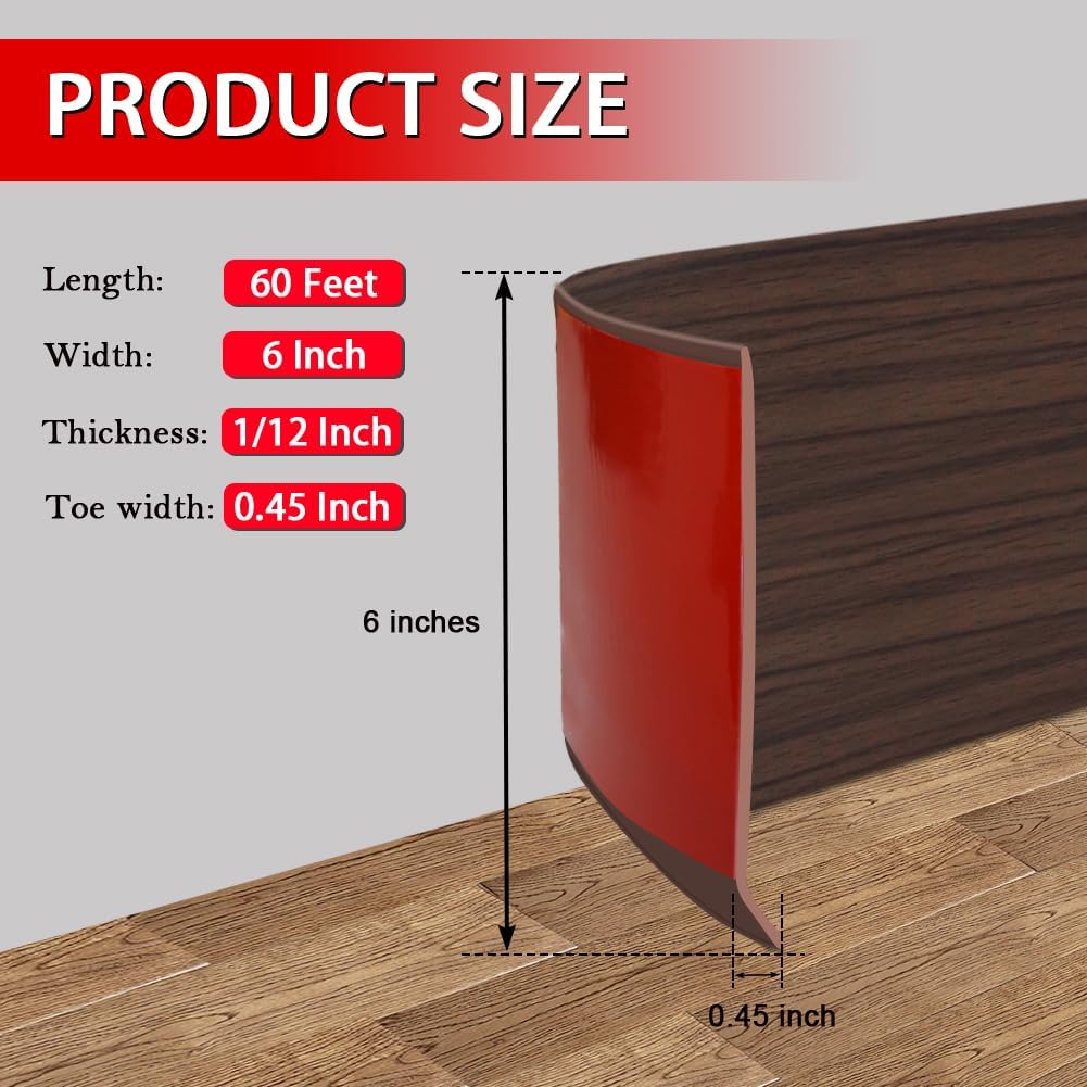 Vinyl Wall Base Baseboard Molding Trim 6" Flexible Self Adhesive Rubber Wall Base Moulding Trim Peel and Stick Design, 6 Inch x 60 Feet, Brown Wood