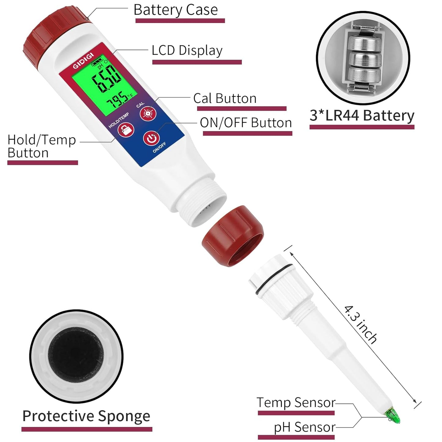 Smart pH Meter for Food, GIDIGI Digital Food pH Tester, Accurate Canning pH Test Kits with ATC, Professional Fermenting pH Test Pen, Spear pH Probe for Bread Cheese Sushi Rice Sourdough Sauce Meat