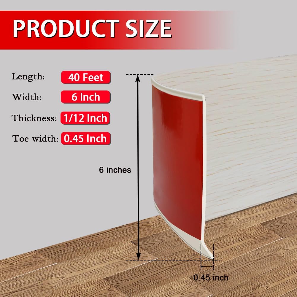 Vinyl Wall Base Baseboard Molding Trim 6" Flexible Self Adhesive Rubber Wall Base Moulding Trim Peel and Stick Design, 6 Inch x 40 Feet, Beige Wood