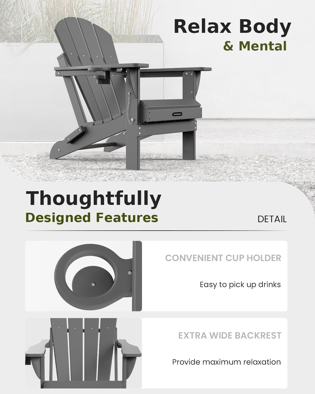 MUCHENGHY Folding Adirondack Chairs Set of 2 HDPE Weather Resistant, Patio Firepit Chairs, Sturdy Outside Chairs, Lawn Chairs, 15min Assembly 380lb Grey