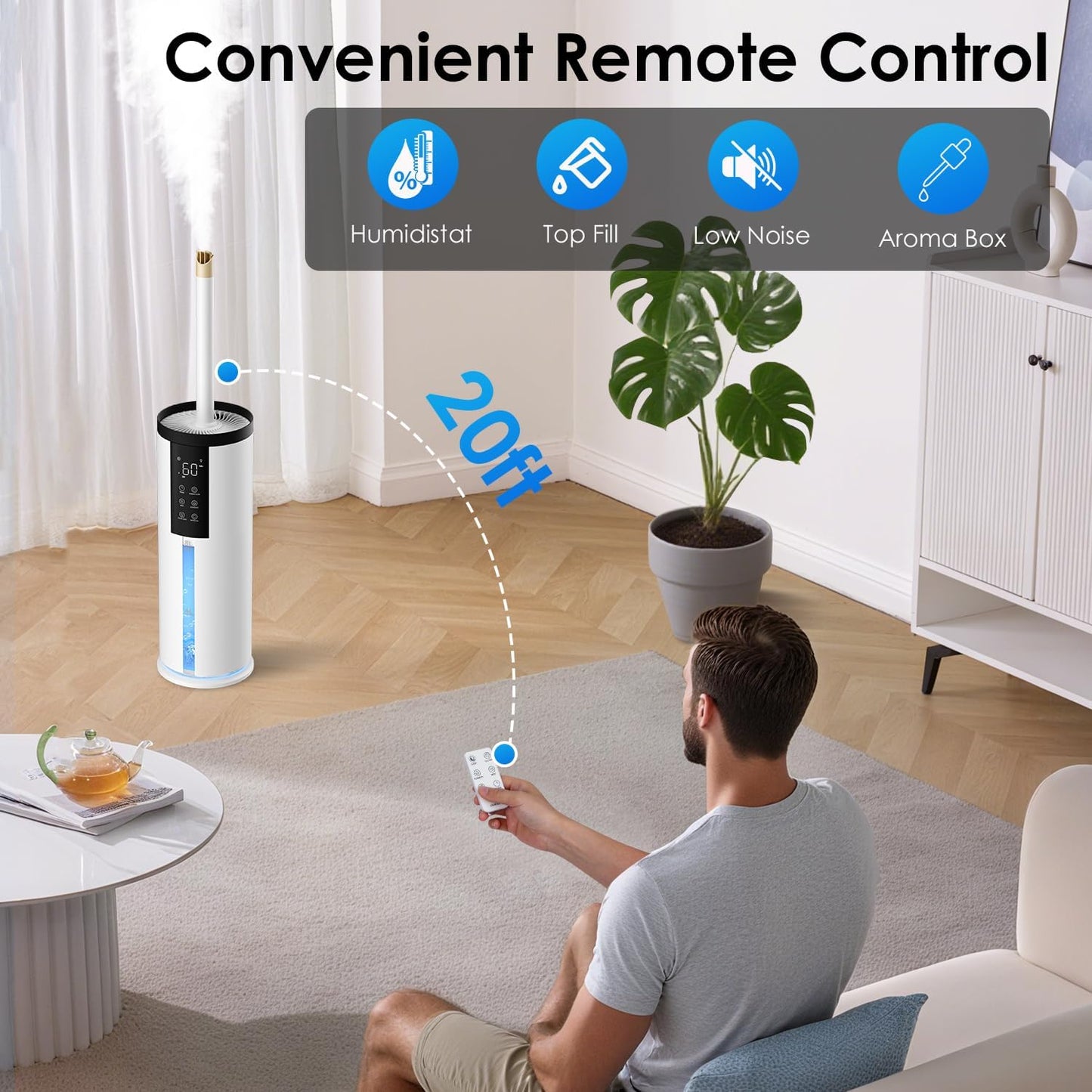 Humidifiers for Bedroom - GloryAir 2.11Gal (8L) Quiet Top Fill Cool Mist Humidifier Large Room 550 ft² 120H Runtime with Humidistat, Auto Mode Diffuser 7-Color Light for Plants Baby Adults Office Home