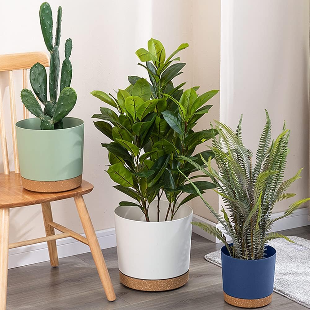 ZMTECH Set of 6 Self Watering Plastic Plant Pots, 6.5in Diameter x 6.1in Height, Modern Decorative Flower Pots for Indoor Outdoor House Plants, Succulents, Flowers (White+Green+Blue)