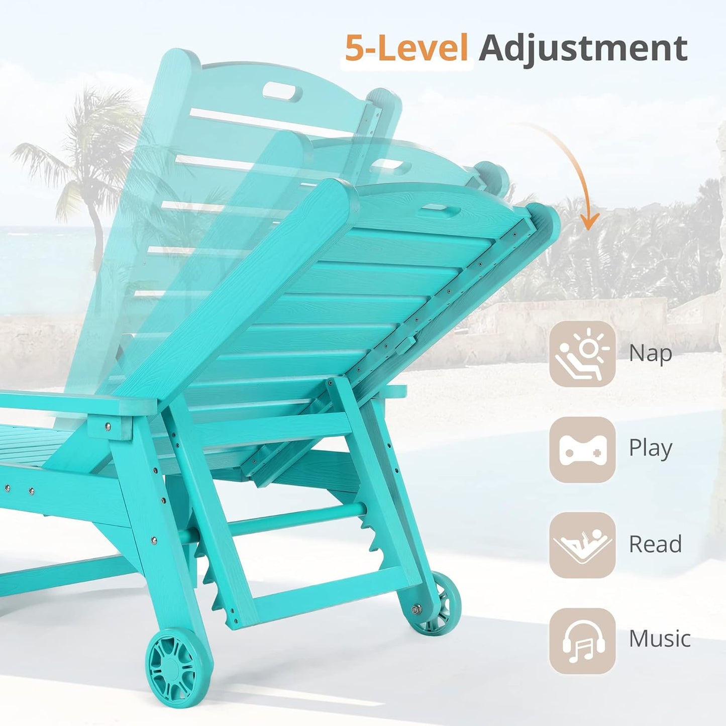 LUE BONA Chaise Lounge Chairs Set with Table, 3-Piece, 79'' Oversized HDPS Chaise Lounger, 5 Positions Adjustable Lounge Chairs, Pool Lounge Chair with Wheels for Poolside, 3 Year Warranty, Aruba Blue
