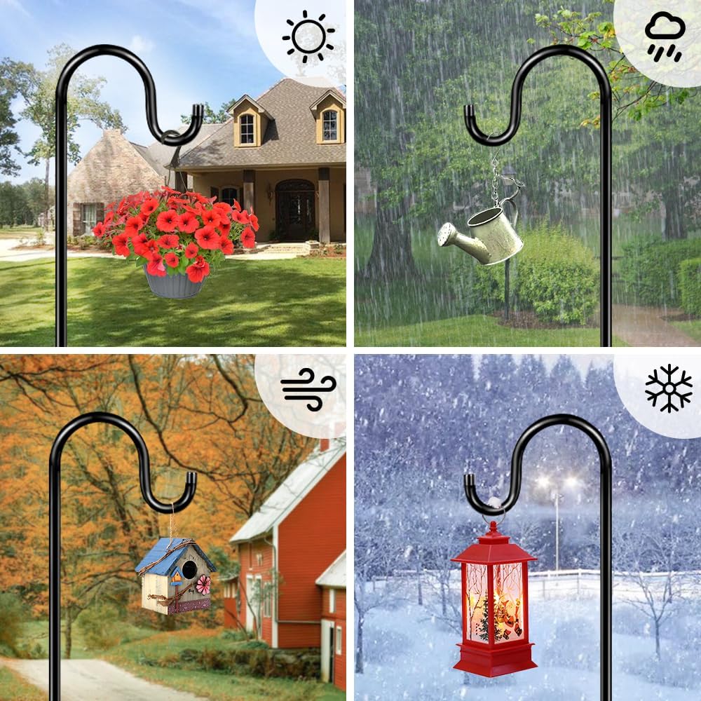 48 Inch Shepherds Hooks for Outdoor, Heavy Duty Bird Feeder Pole with 5 Prong Bases, Garden Hanging Stake for Bird Feeder, Solar Light, Plant Hanger, Wedding Decor, Metal Hanger Hooks, Black, 2 Packs