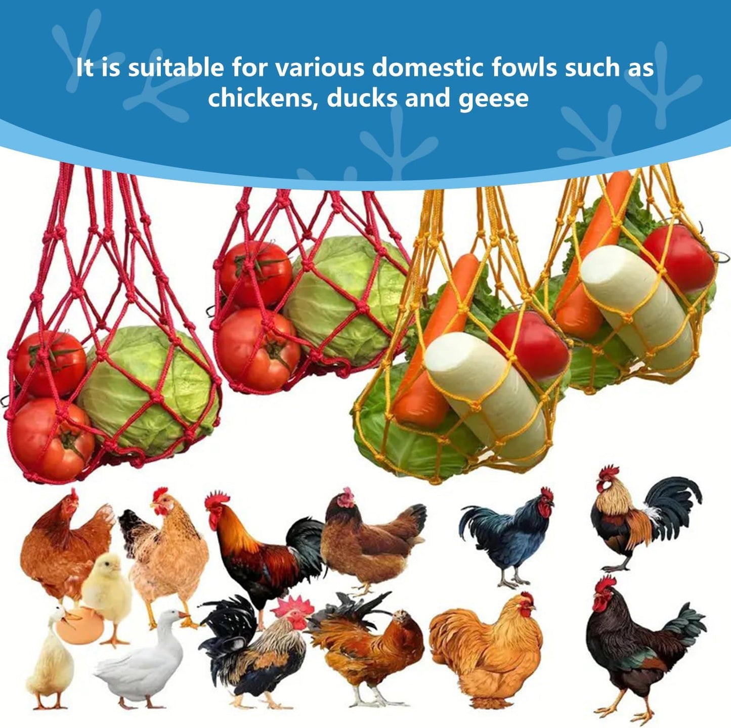 Chicken Vegetable String Bag ,Chicken Vegetable Hanging Feeder, Chicken Toy Vegetable Rack in Chicken Cage, Poultry Fruit Rack, Chicken Cabbage Feeder with Hook 4 Sets