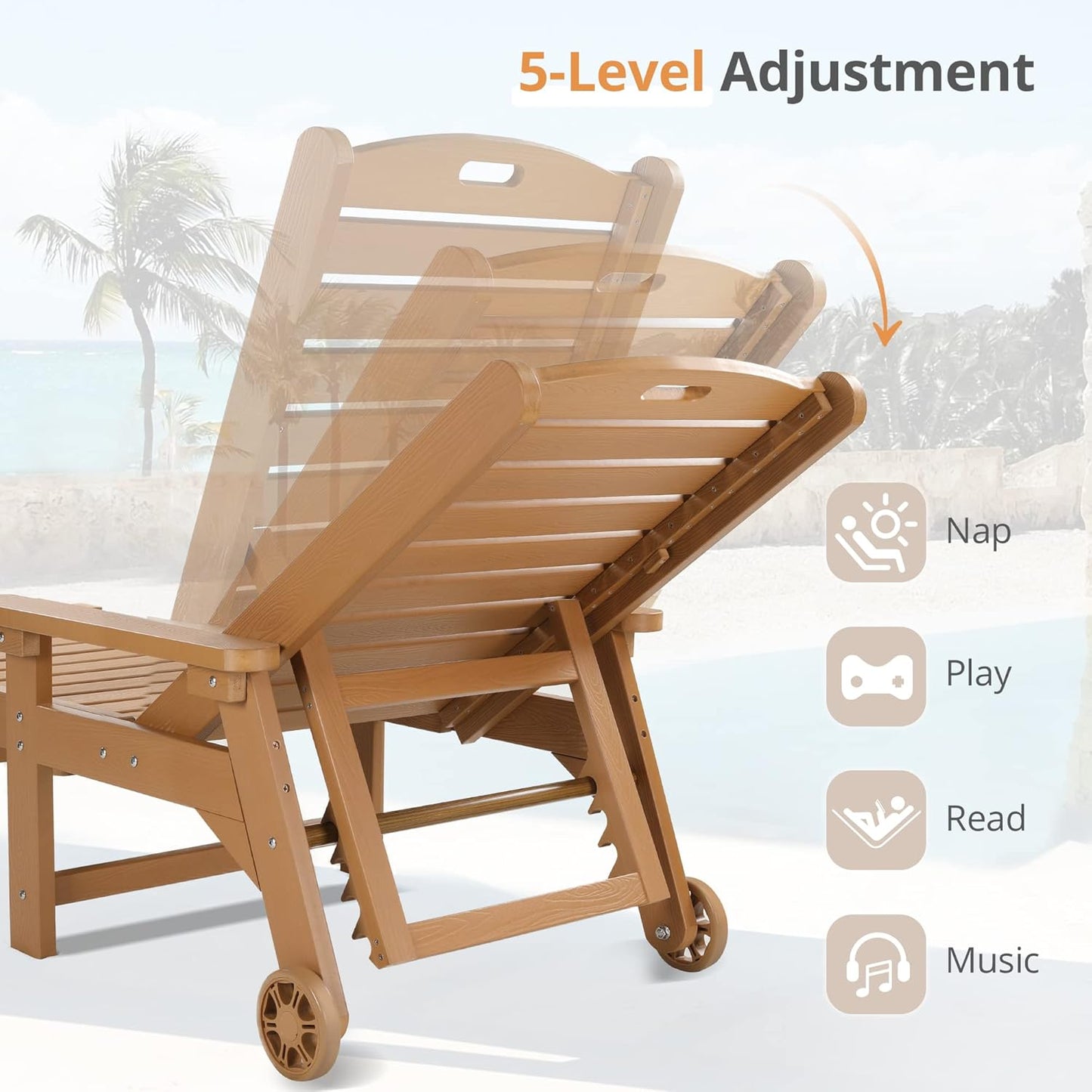 LUE BONA Outdoor Chaise Lounge Chairs Set of 2, HDPS Chaise Lounger, 5 Positions Adjustable Lounge Chairs, Pool Lounge Chair with Wheels for Poolside, Hotel, Restaurant, 3 Year Warranty, Teak Color