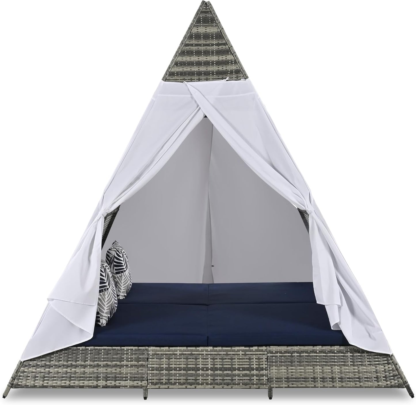 kevinplus Outdoor Patio Sunbed Daybed with Tent for Garden Backyard Pool, Adjustable Feet & Weather-Resistant Rattan Material, Gray and Blue