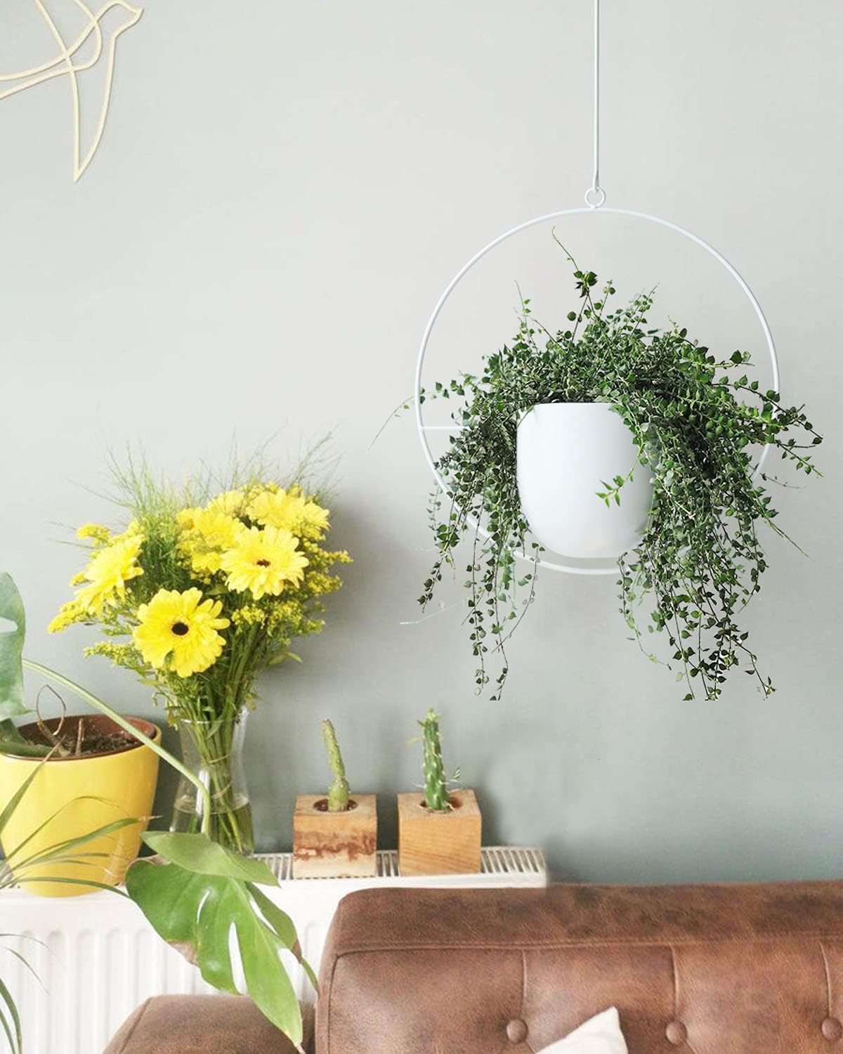 2 Pack Hanging Planters for Indoor Outdoor Plants Modern Metal Plant Hangers, Wall and Ceiling Hanging Plants Baskets Mid Century Minimalist Flower Pots Home Decor (White)