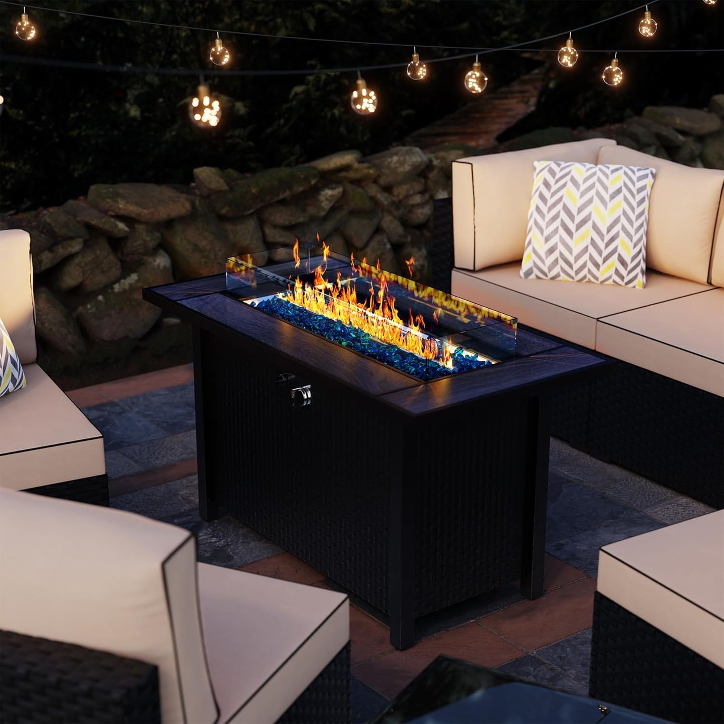 Meilocar 45in Fire Table, Propane Fire Pit with Glass Wind Guard and Rain Cover, Outdoor Firepit Table 50000 BTU 3-in-1 Fire Table for Patio/Yard/Balcony, Gray Tabletop