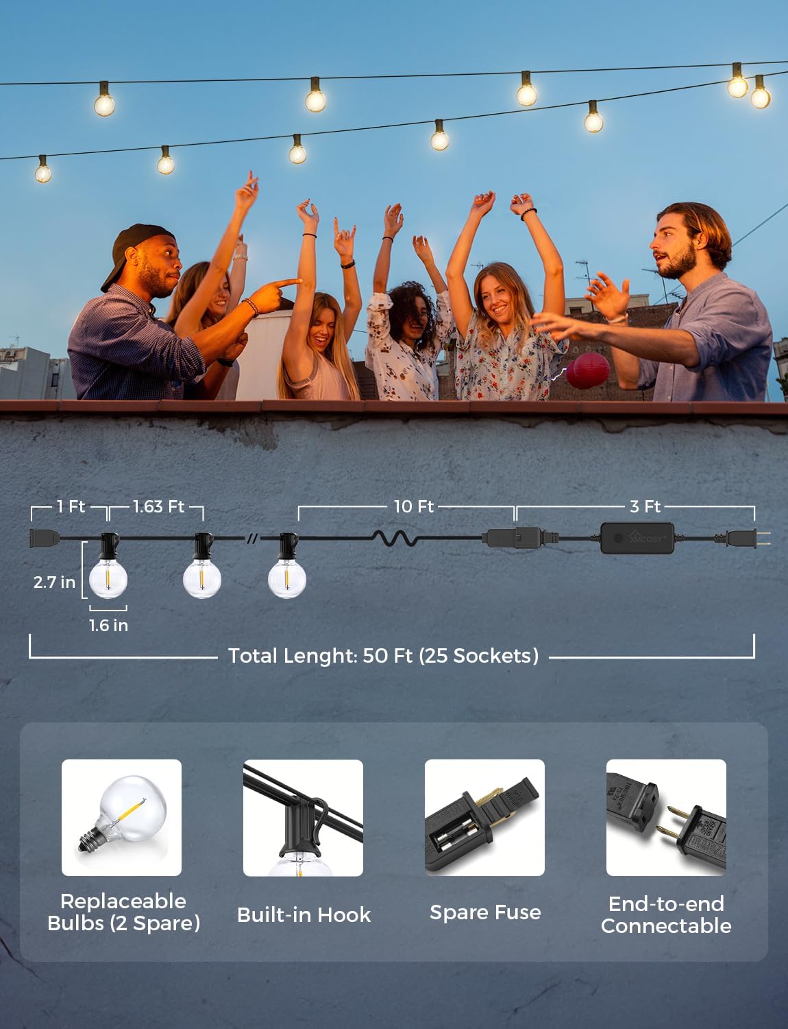 XMCOSY+ Patio Lights, Smart 50Ft Outdoor String Lights with 25 Dimmable G40 Globe Bulbs, APP Control, Work with Alexa, Connectable Waterproof LED Outdoor Light