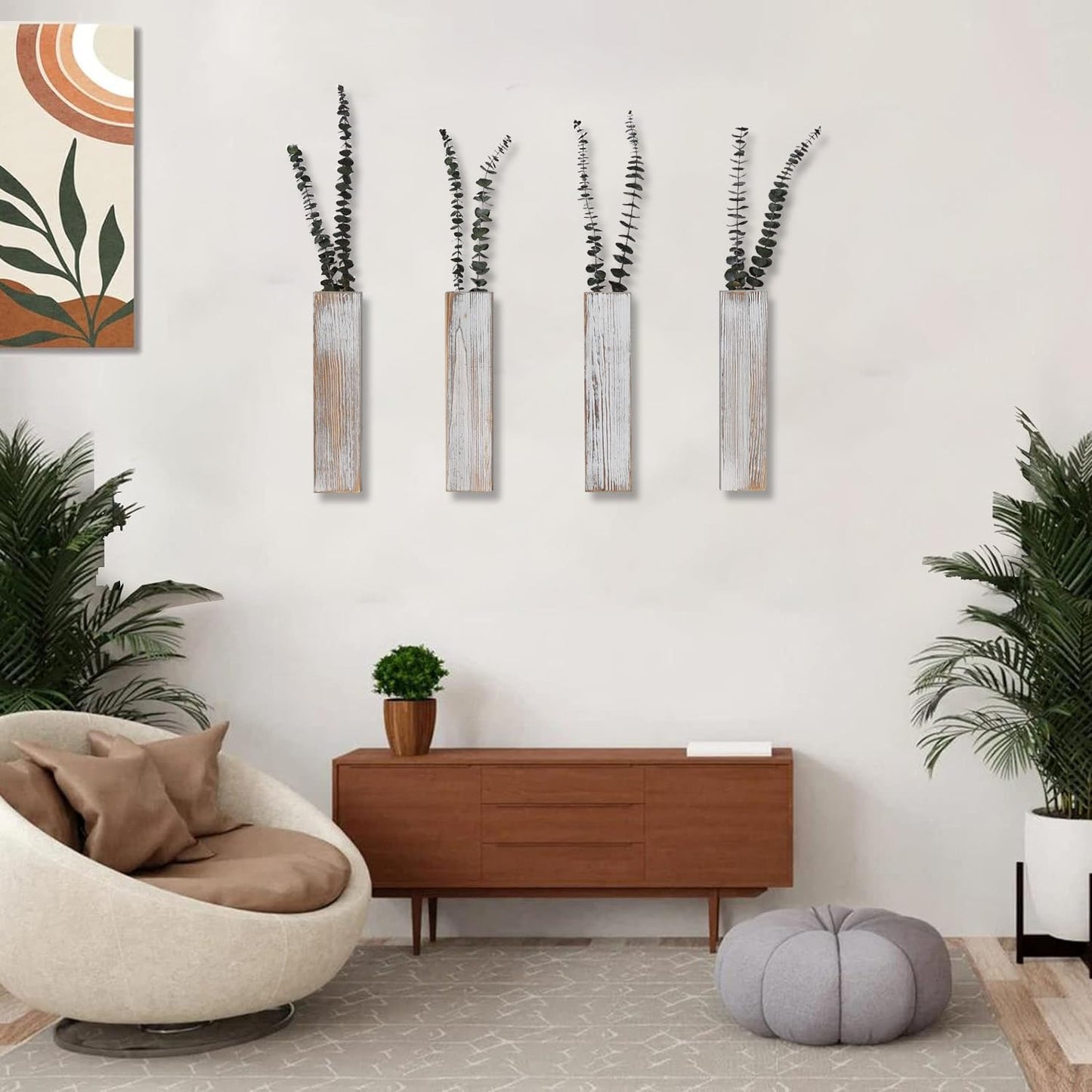 Wooden Wall Planter Set of 4 - Modern Home Decor for Living Room, Bedroom, Bathroom - Vintage Finish Planter for Dried Flowers, Faux Greenery, Indoor Plants