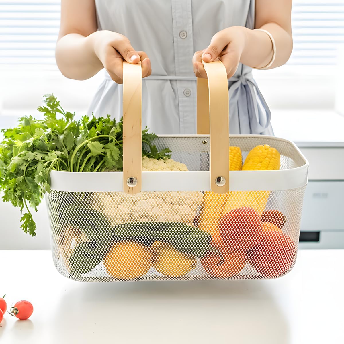 Portable Mesh Harvest Basket - Natural Bamboo Handle Foldable Organizer for Kitchen, Garden & Picnic | Ventilated Storage Bin with Rust-Proof Wire, Space-Saving Farmhouse Decor (Black)
