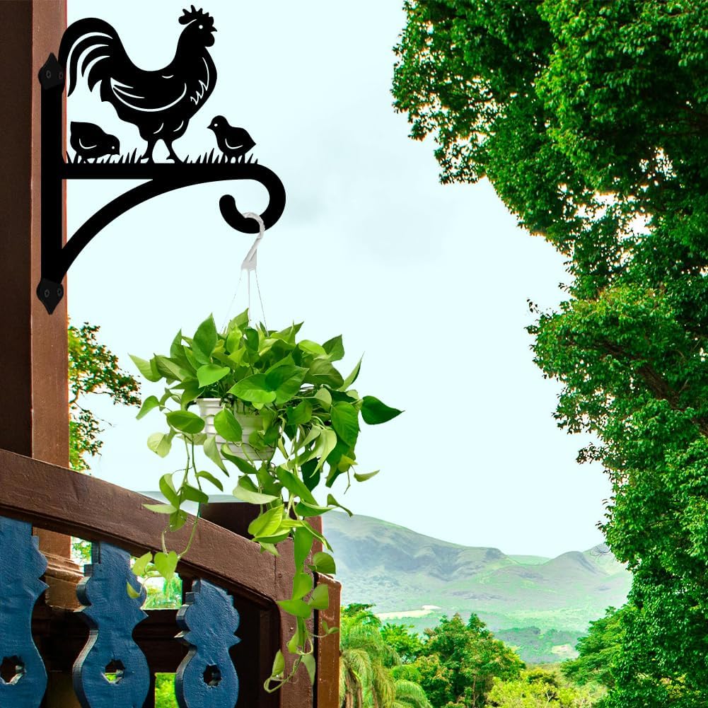 peacoblue Iron Plant Hangers Hooks for Outdoor Indoor Hanging Plants Fern Pots, Lantern, Bird Feeder, Wind Chimes, 12โx14โ Rooster Weather Resistant Metal Wall Brackets for Garden, Farmhouse(Rooster)