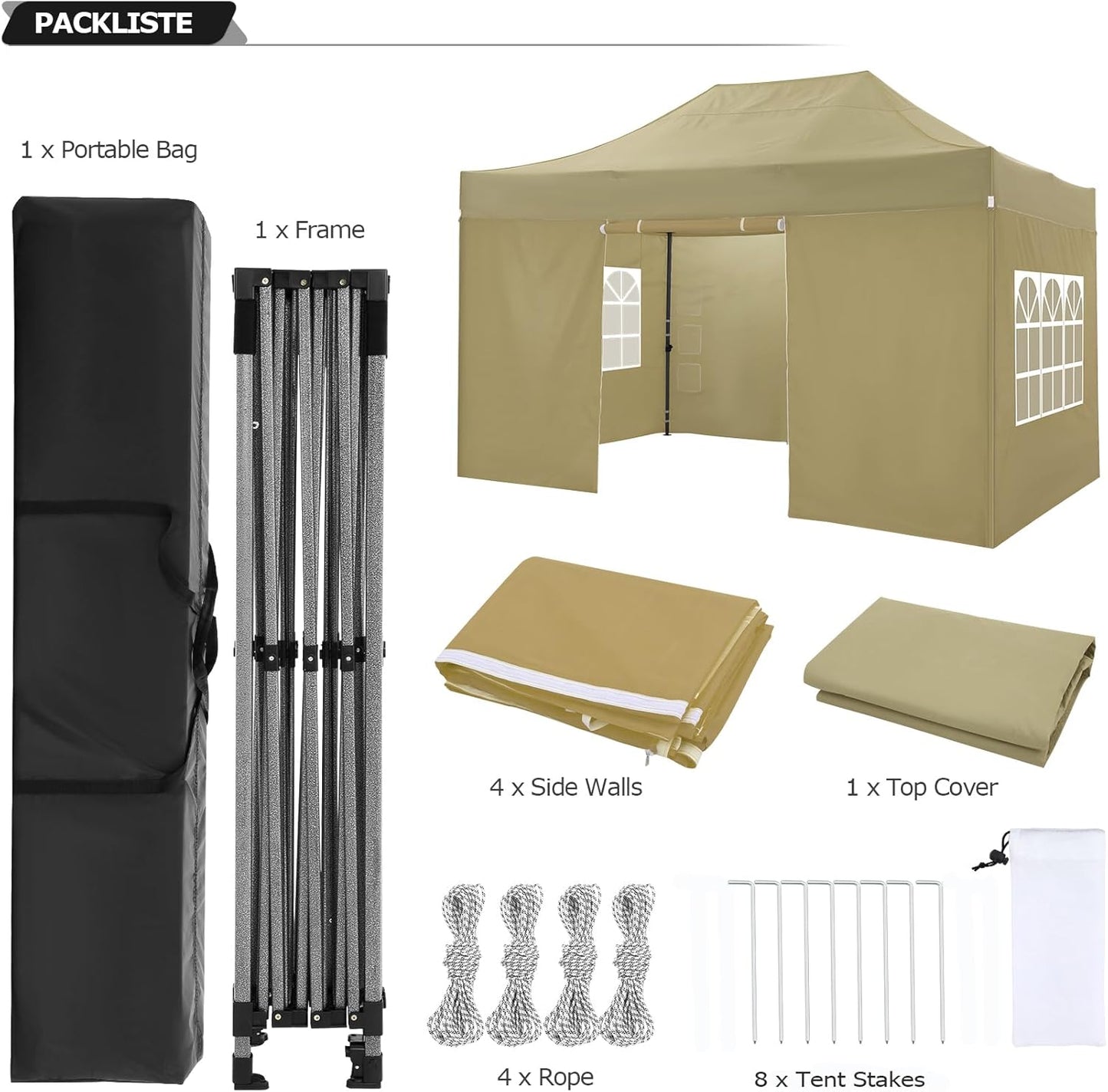 COBIZI 10x15 Pop up Canopy Heavy Duty with 4 Sidewalls, Easy Set-up Commercial Outdoor Party Canopy, 100% Waterproof Wedding Gazebo, 3 Height Adjustable with Handbag, Khaki