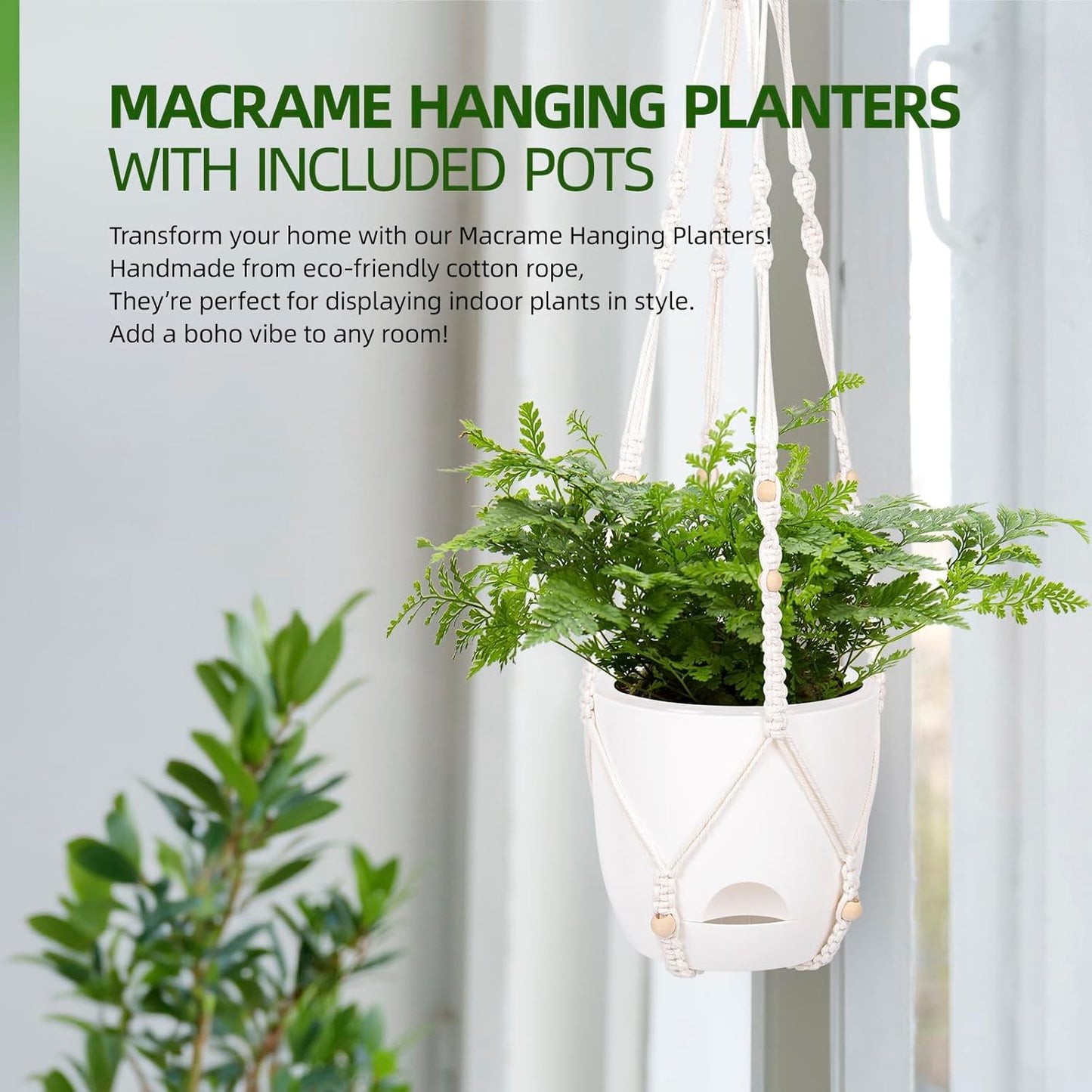 2-Pack 7.1-Inch Self-Watering Hanging Planters for Indoor & Outdoor Plants,34Inch Macrame Hanger Plant Pots Indoor with Drainage,Small Hanging Planters & Baskets,With Two Sets of Hooks(Pure white)