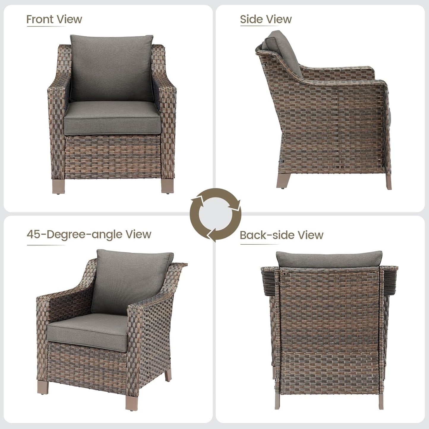 Outdoor Wicker Patio Chairs Set of 2 - Heavy Duty Outside Modern PE Rattan Lawn Chair for Front Porch Balcony Backyard Yard Deck Poolside Apartment – Brown/Grey