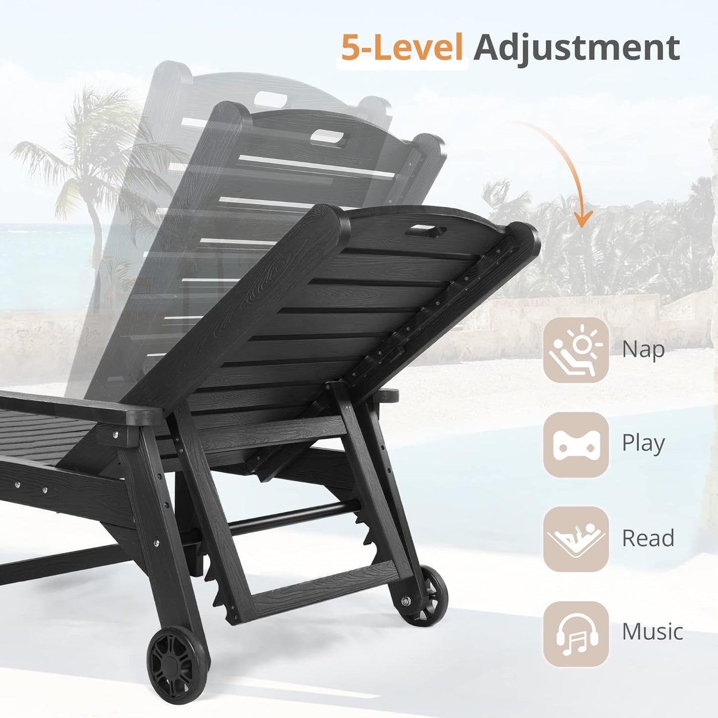 LUE BONA Chaise Lounge Chairs Set with Table, 6-Piece, 79'' Oversized HDPS Chaise Lounger, 5 Positions Adjustable Lounge Chairs, Pool Lounge Chair with Wheels for Poolside, 3 Year Warranty, Black