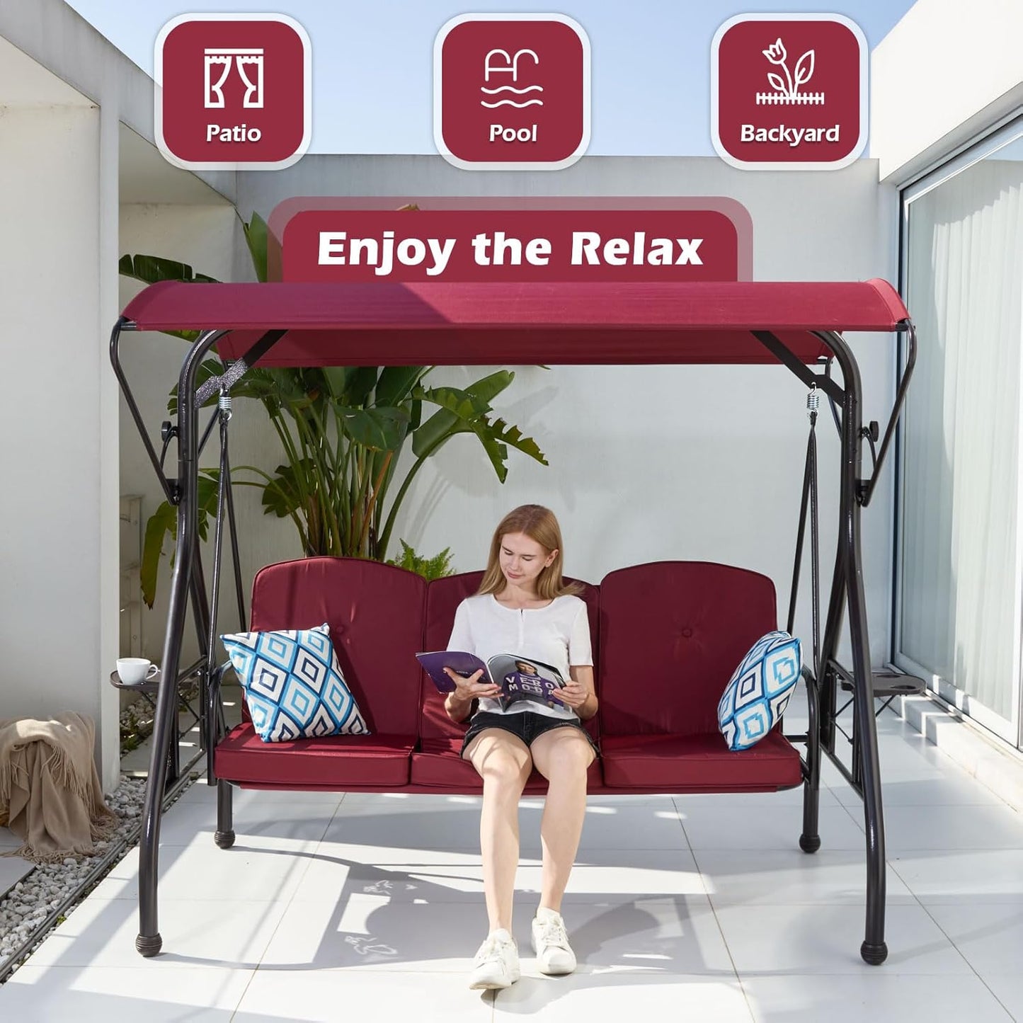800LBS Patio Swing with Canopy 3 Seat Outdoor Porch Swing with Stand w/Cup Holder & Pillow Glider Chair Swing Bed for Patio Backyard Poolside (Red)