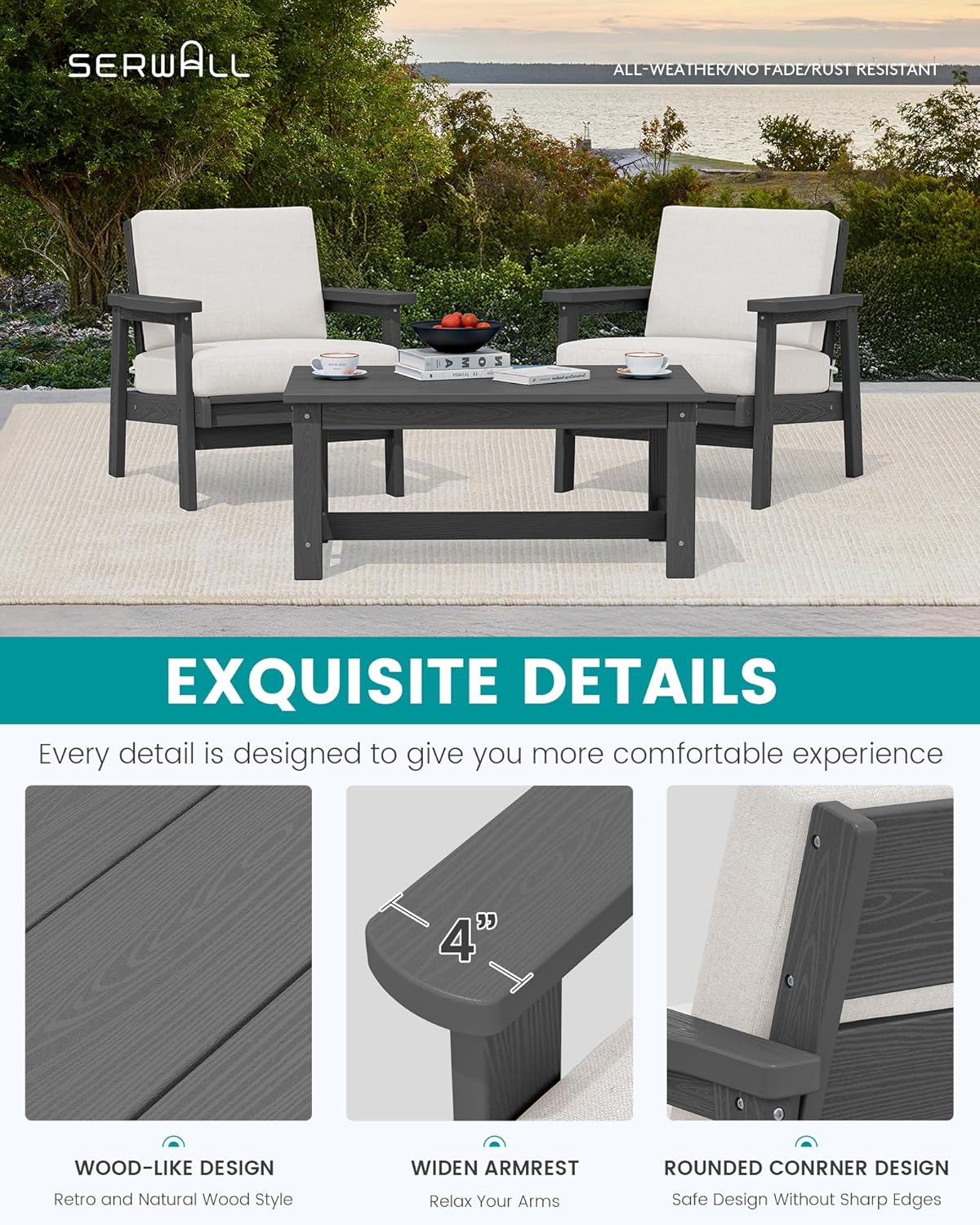 SERWALL HDPE Outdoor Couch Set of 2, All-Weather Wood-Like Outdoor Patio Furniture Set, Patio Sofa Chairs with Khaki Cushions