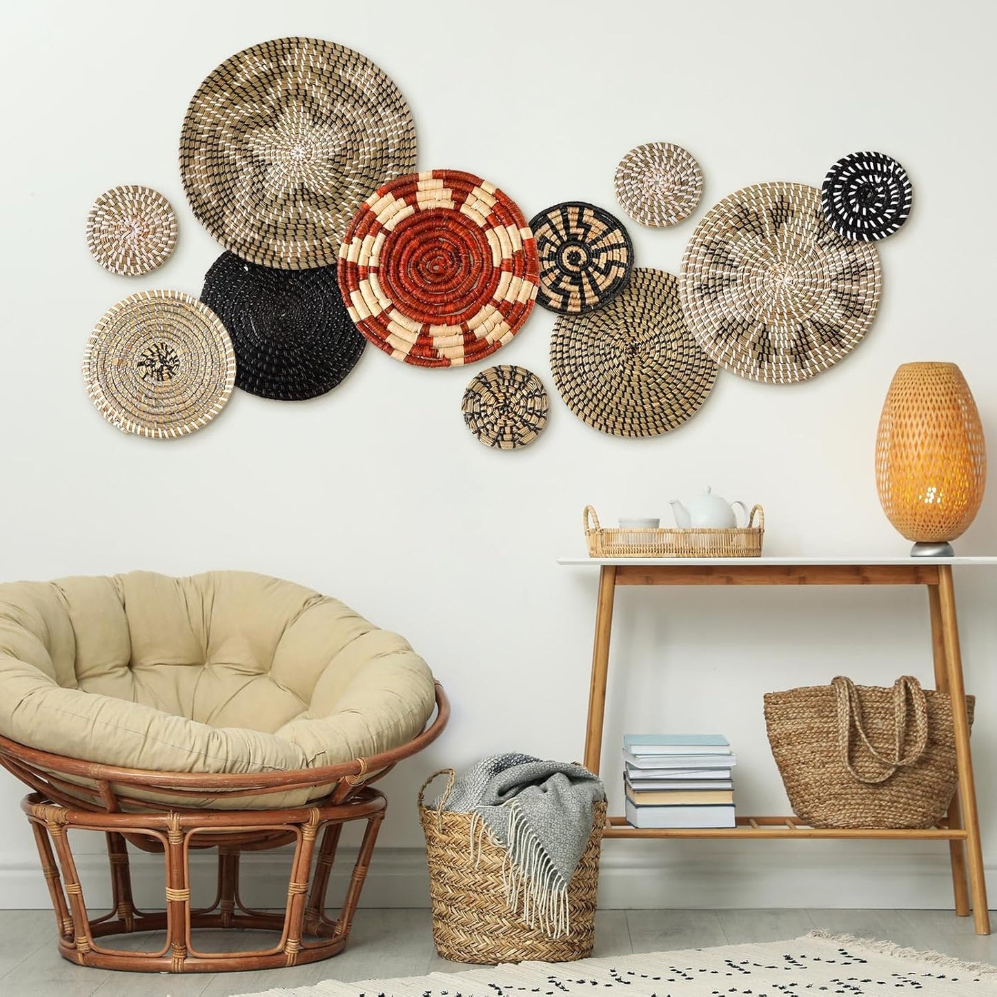 Tatuo 11 Pcs Boho Wall Basket Decor Decorative Bulrush Woven Basket Wall Decor Art Round Farmhouse Hanging Baskets for Kitchen Rustic Home Summer Decorations, Multi Sizes (Dark)