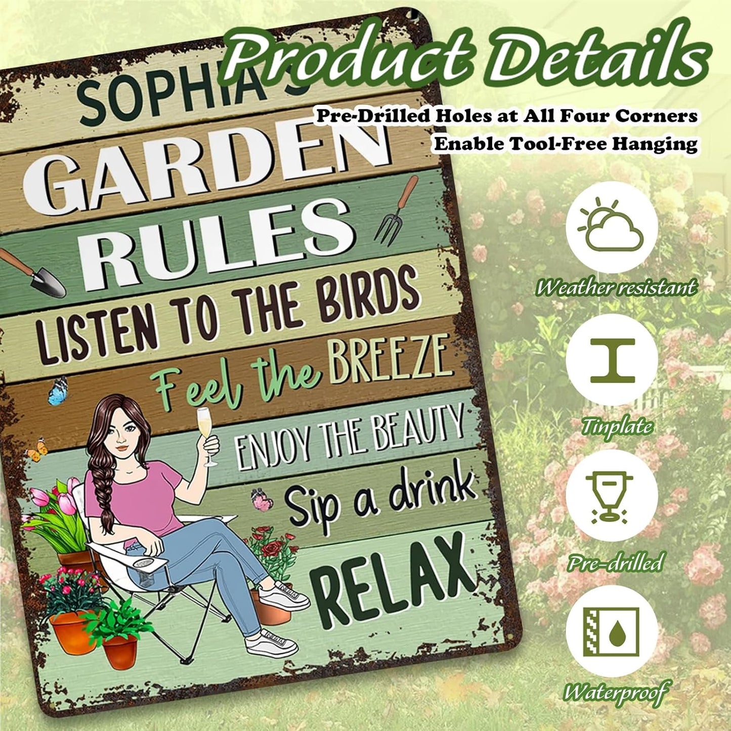 Personalized Retro Garden Metal Sign, Custom Cartoon Character and Name, Funny Garden Decor, Gift for Family, Friends, Women Gardeners, Gardening Lovers, Yard Outdoor Artwork Prints