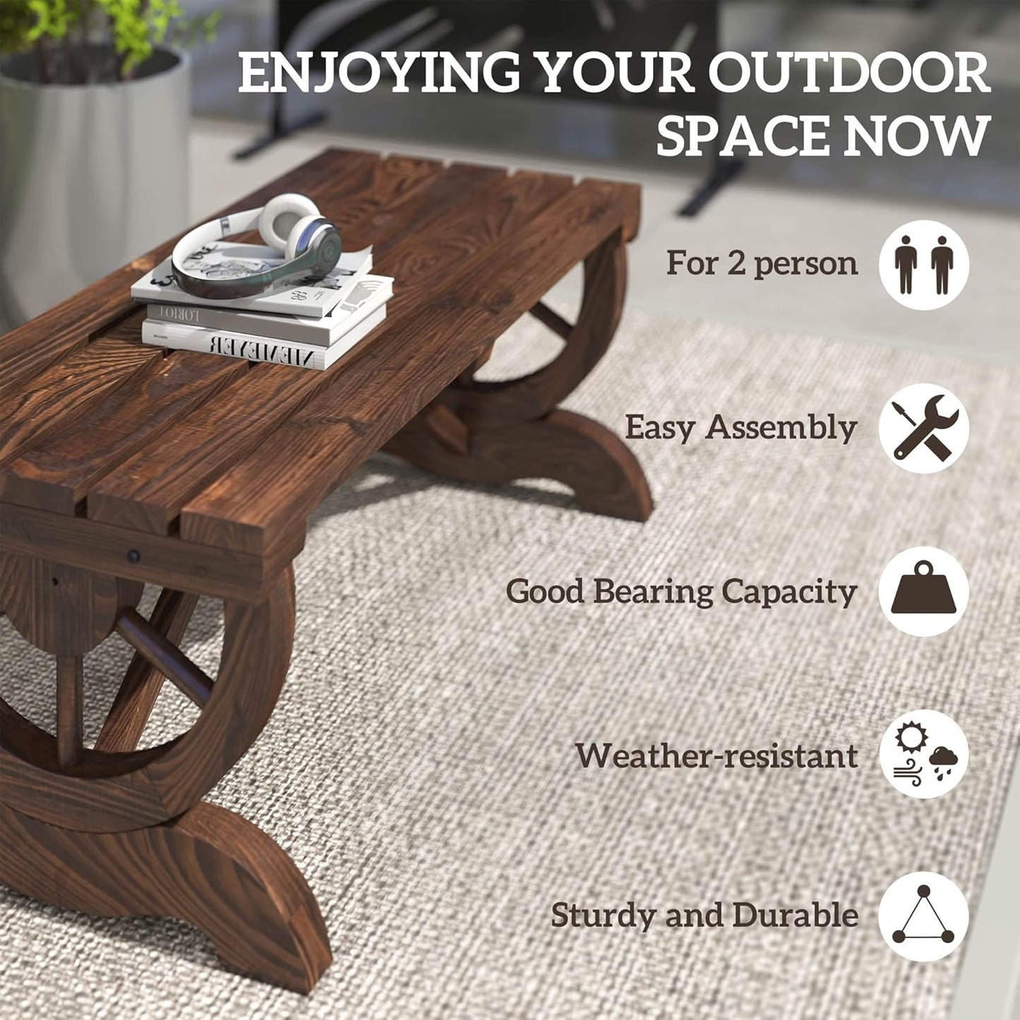 Outsunny 2-Person Wooden Garden Bench, Outdoor Wagon Wheel Porch Bench for Backyard Garden, Support 550 LBS, Rustic Country Style Patio Furniture, Brown