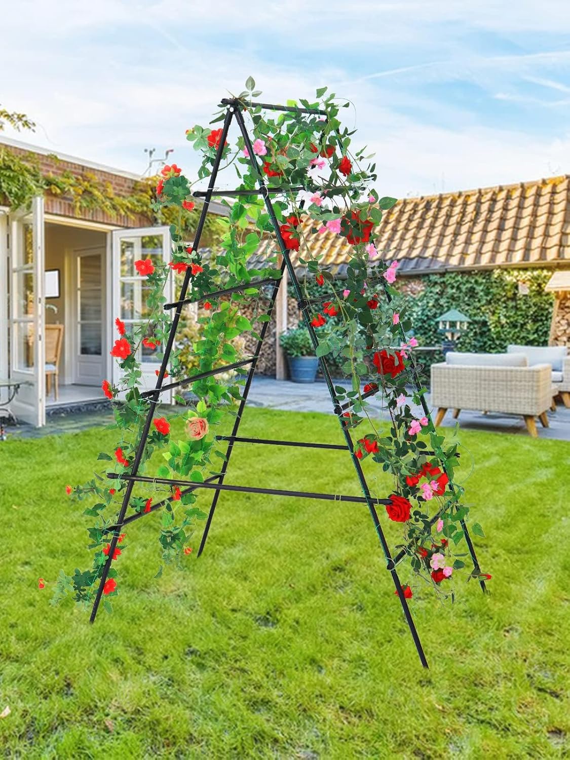 6Ć3 Feet Garden Trellis for Climbing Plants, Kalolary A-Frame Garden Cucumber Grow Trellises Rustproof Metal Potted Plant Climbing Support for Indoor Outdoor Vegetable Fruits Vines Support