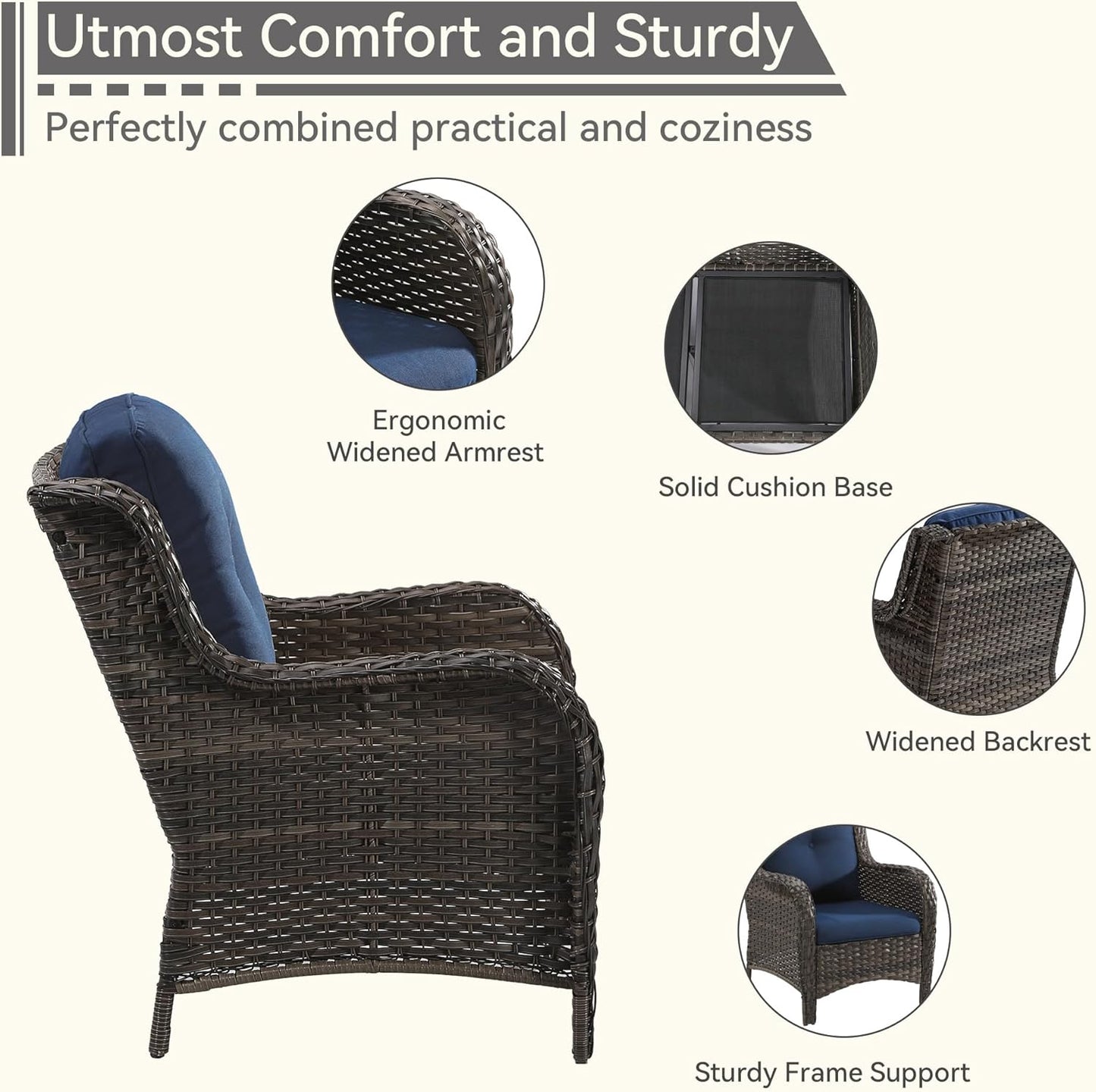 Patio Conversation Set 5-PCS Wicker Outdoor Furniture Conversation Set with 3-Seat Sofa, 2 Armchair, 2 Ottoman Patio Rattan Wicker Sectional Sofa Set with Olefin Cushion, Blue