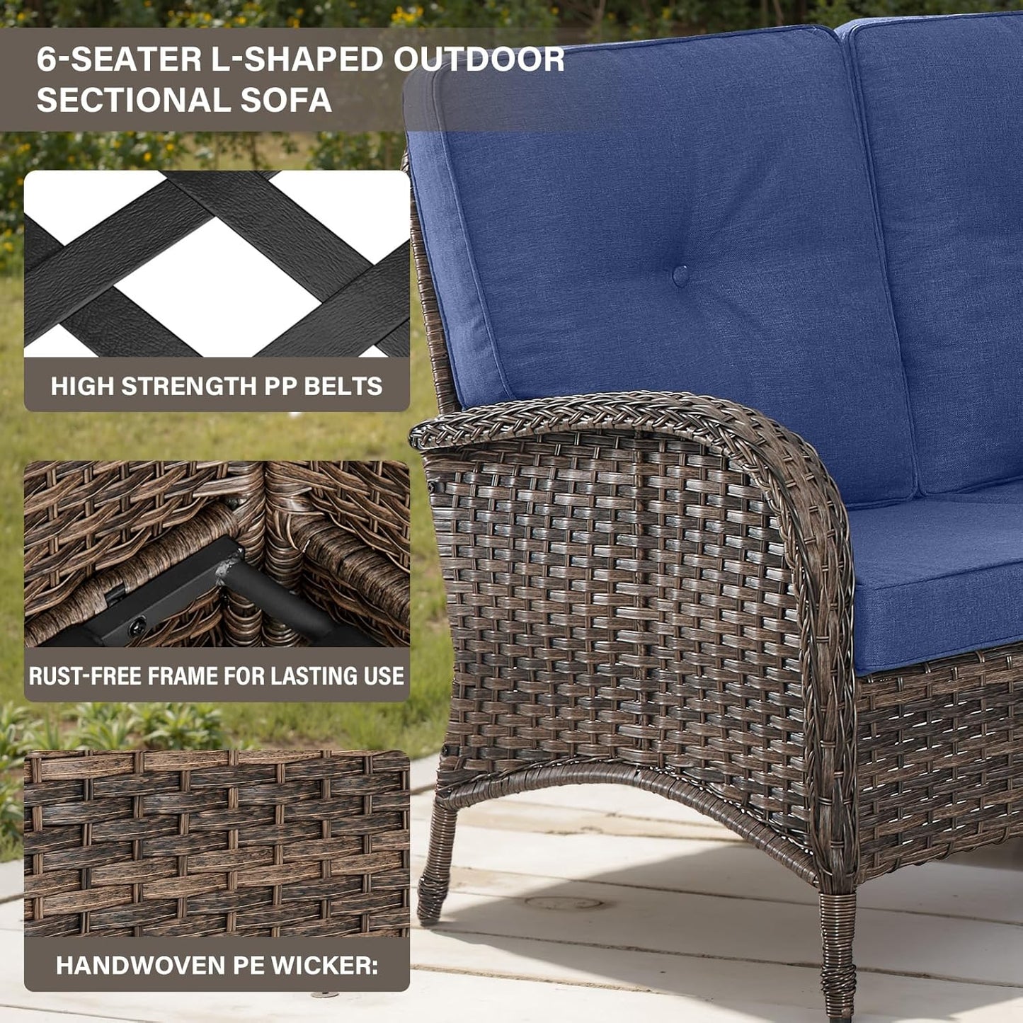 8 Pieces Patio Conversation Set with 43” Propane Fire Pit Table, Outdoor Sectional Furniture Sofa Set with Removable Cushions for Patio Deck Backyard Brown