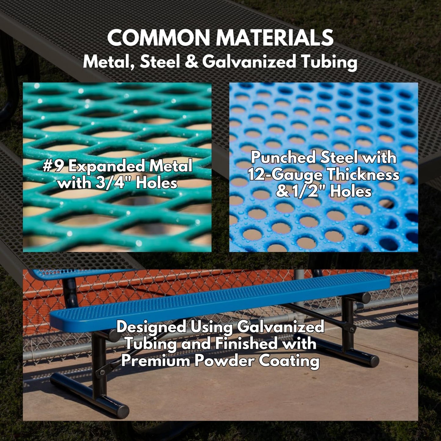 Heavy-Duty Portable Outdoor Bench Thermoplastic Coated, Expanded Metal, Commercial-Grade Seating, Made in America (Portable with Back, 6 Ft, Textured Dark Blue)
