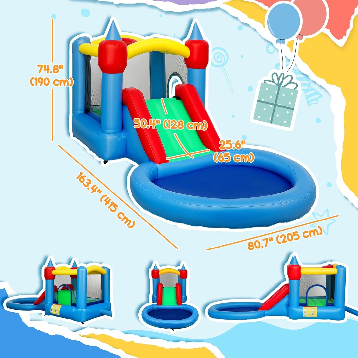 Qaba Inflatable Bounce House, 4 in 1 Bouncy Castle with Slide, Basketball Hoop, Ball Pit, 370W Blower, Storage Bag, for Outdoor and Indoor Party, Kids Backyard Play Toys, 163" x 81" x 75"