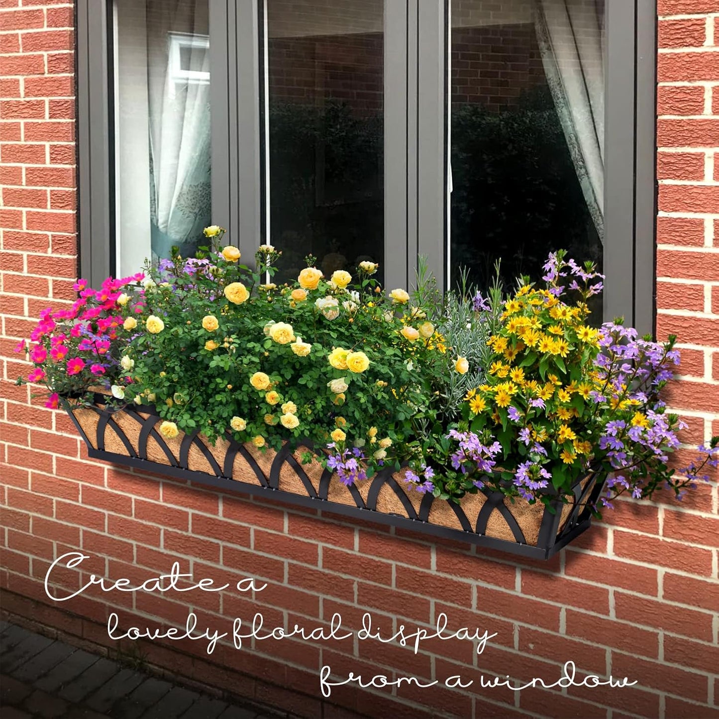 Window Box Railing, 36 Inch Black Metal Hanging Flower Planter Basket with Coco Liner for Outdoor Balcony Porch Fence Patio for Home, Office and Hotel (Black - 4 Pcs/Set)