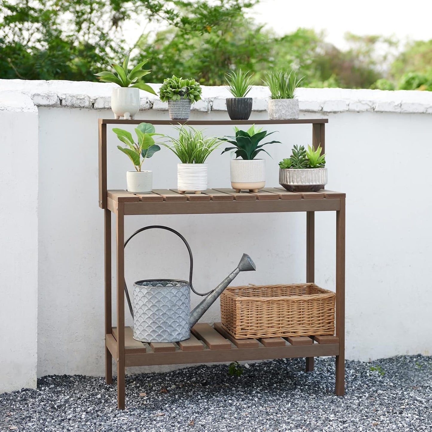 Psilvam Outdoor Poly Lumber Potting Bench, Polystyrene Garden Table with Storage Shelves, All-Weather Patio Work Station for Gardening(Brown)