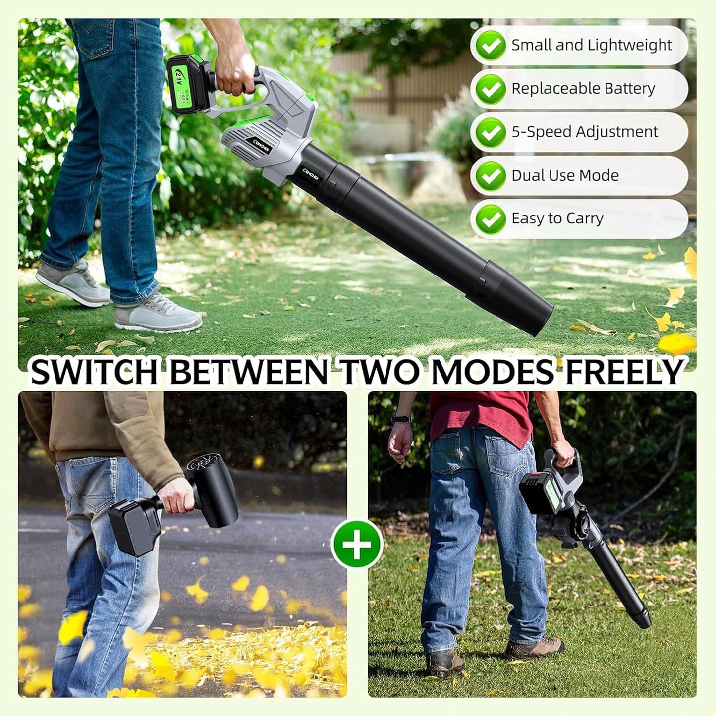 Electric Leaf Snow Blower Cordless, 900,000 RPM, 2 x 4.0Ah Batteries & Charger, Handheld for Lawn Care, 5 Speed, Lightweight for Yard, Patio, Outdoor Use (Gray)
