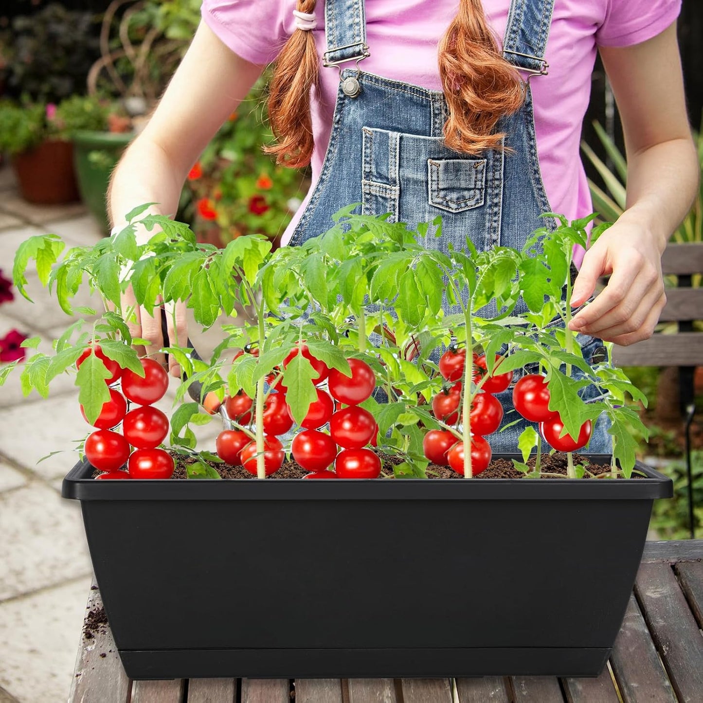 12Pcs 17Inches Rectangle Planter Box with Drainage Holes and Trays Plastic Planters Flower Boxes Pots for Indoor Outdoor Plants Patio Garden Home Decor Porch Yard (Red)