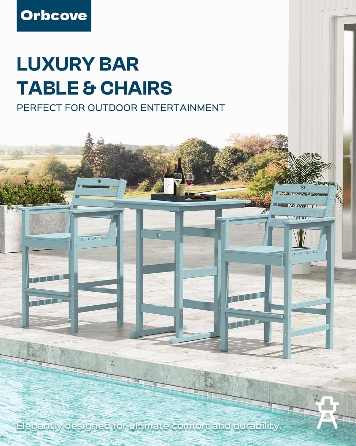 Tall Adirondack Chairs Set of 2, HDPE Wood Balcony Adirondack Chairs Set with Heart Cutout Design, Weather-Resistant Bar Height Furniture for Deck, Porch, Pool (Light Blue)