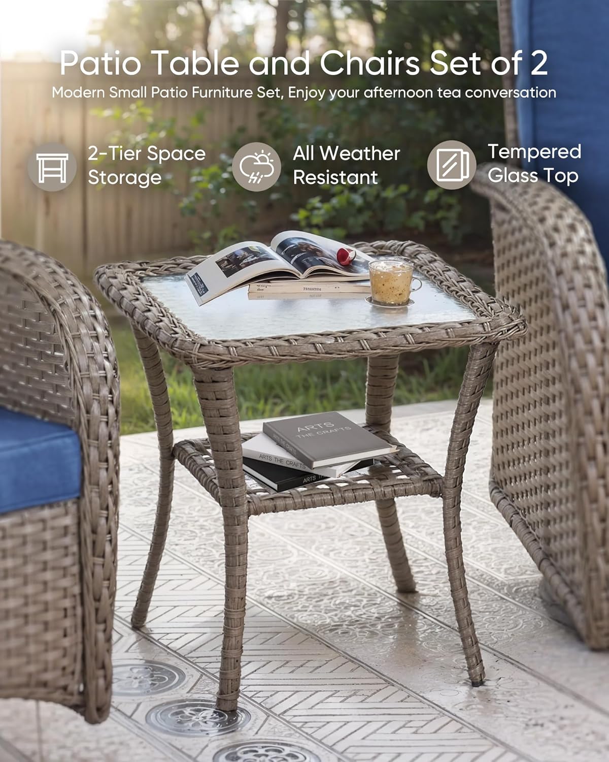 HUMMUH Outdoor Bistro Set-High Back Outdoor Rocking Chair with Side Table Patio Table and Chairs Set for Deck Lawn Porch Balcony Poolside-Grey/Blue