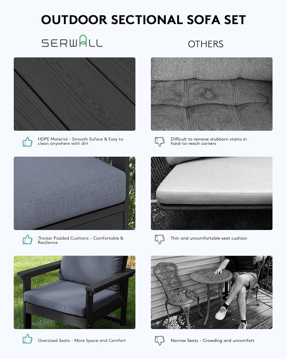 SERWALL HDPE Patio Conversation Set, 6-Piece Sectional Outdoor Furniture Set, All Weather Outdoor Couch Set Patio Furniture Set for Deck, Lawn, Black Frame with Grey Cushion