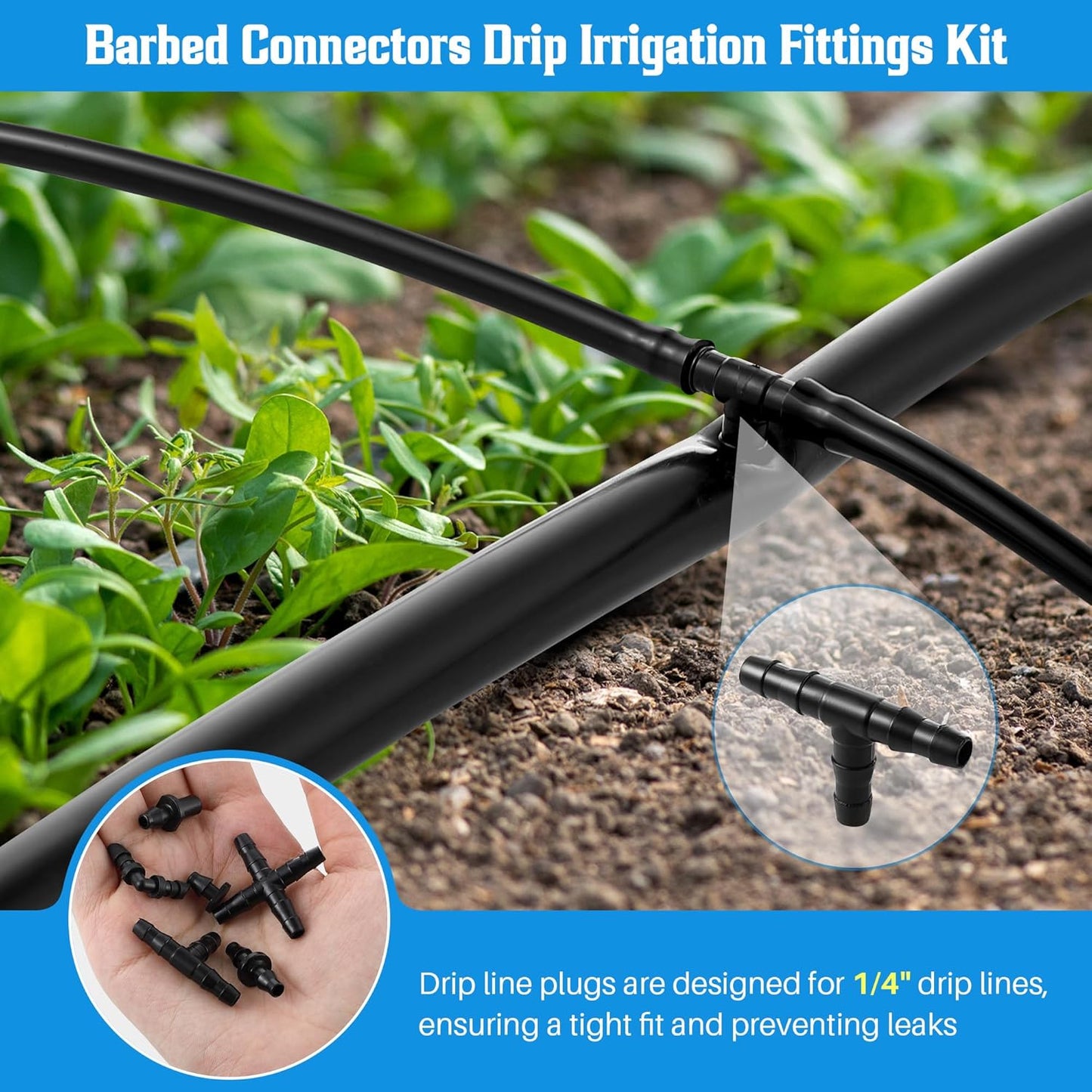 Feekoon Drip Irrigation Punch Hole Tubing Cutter Tools with Barbed Connectors, 2-in-One Drip Tubing Hole Punch for 1/4 Inch Fitting 16 20 25 mm PE Pipe and Emitter(115 Irrigation Plugs)