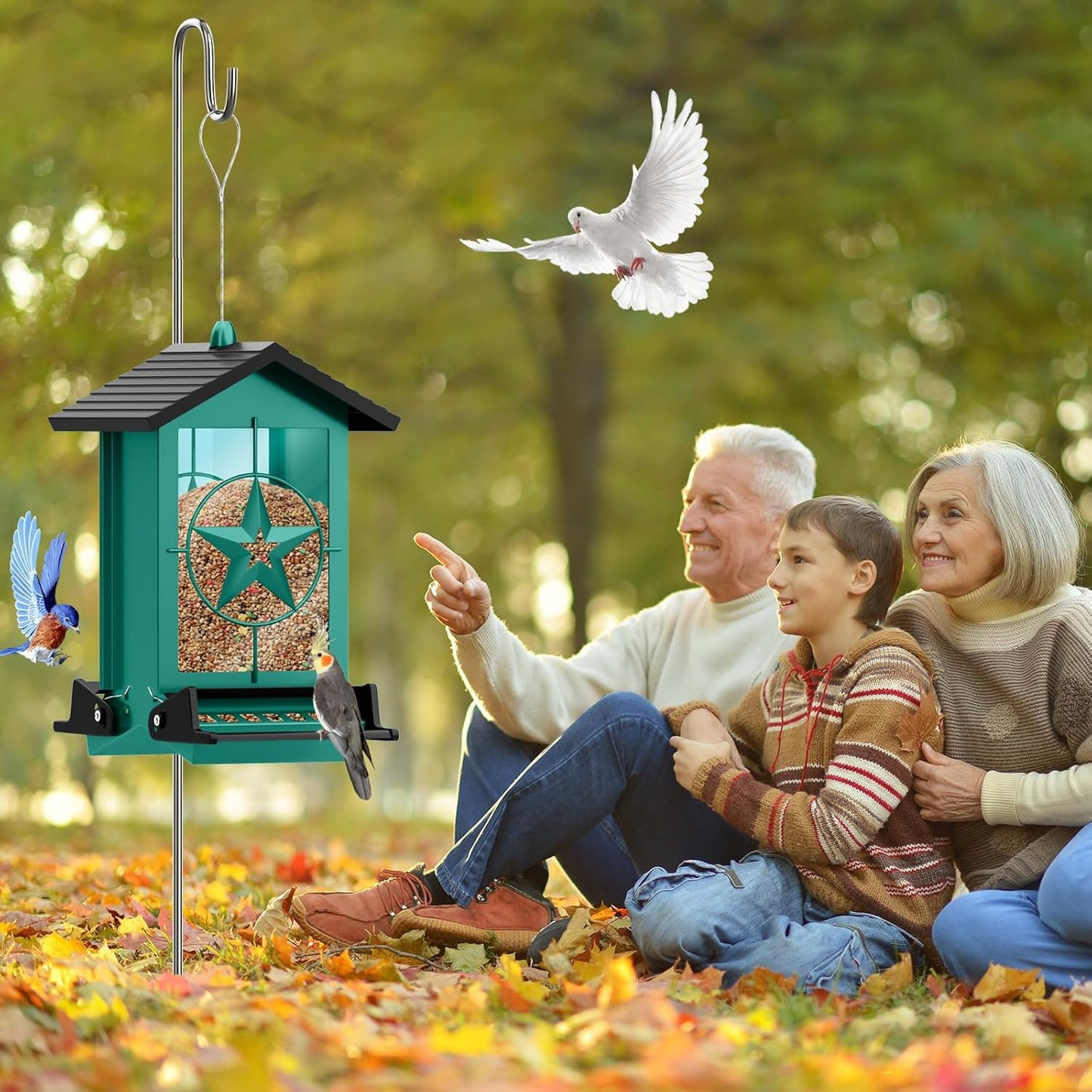 Squirrel Proof Bird Feeder for Outdoors Hanging, Metal Wild Bird Seed Feeder with Bilateral Weight-Activated Perches, 5LB Large Capacity Wild Bird Feeders for Outside Finch, Cardinal, Blue Jay