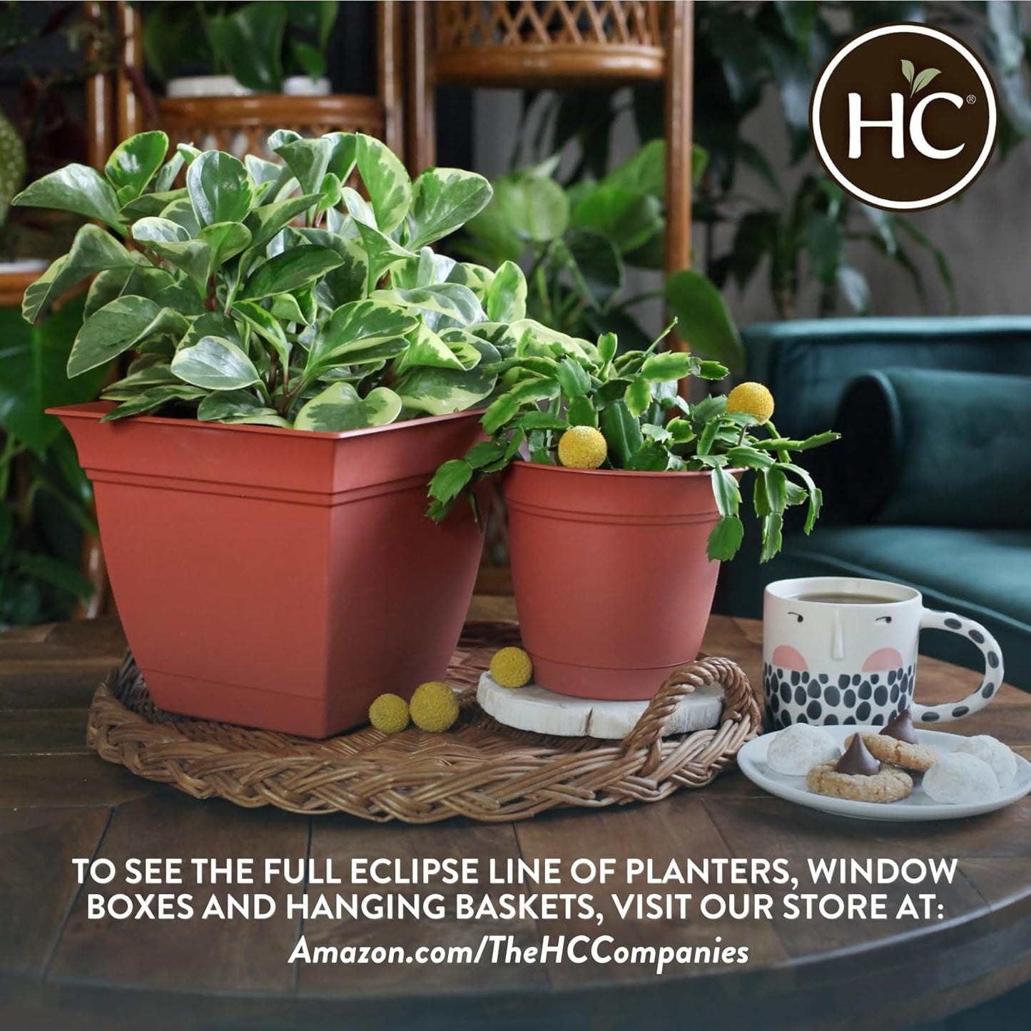 The HC Companies Eclipse Round Planter with Saucer - Outdoor & Indoor Plant Pot with Drainage Holes - Lightweight, UV-Resistant Plastic Pots for Plants, Flowers & Herbs (12" Cottage Stone, Pack of 1)