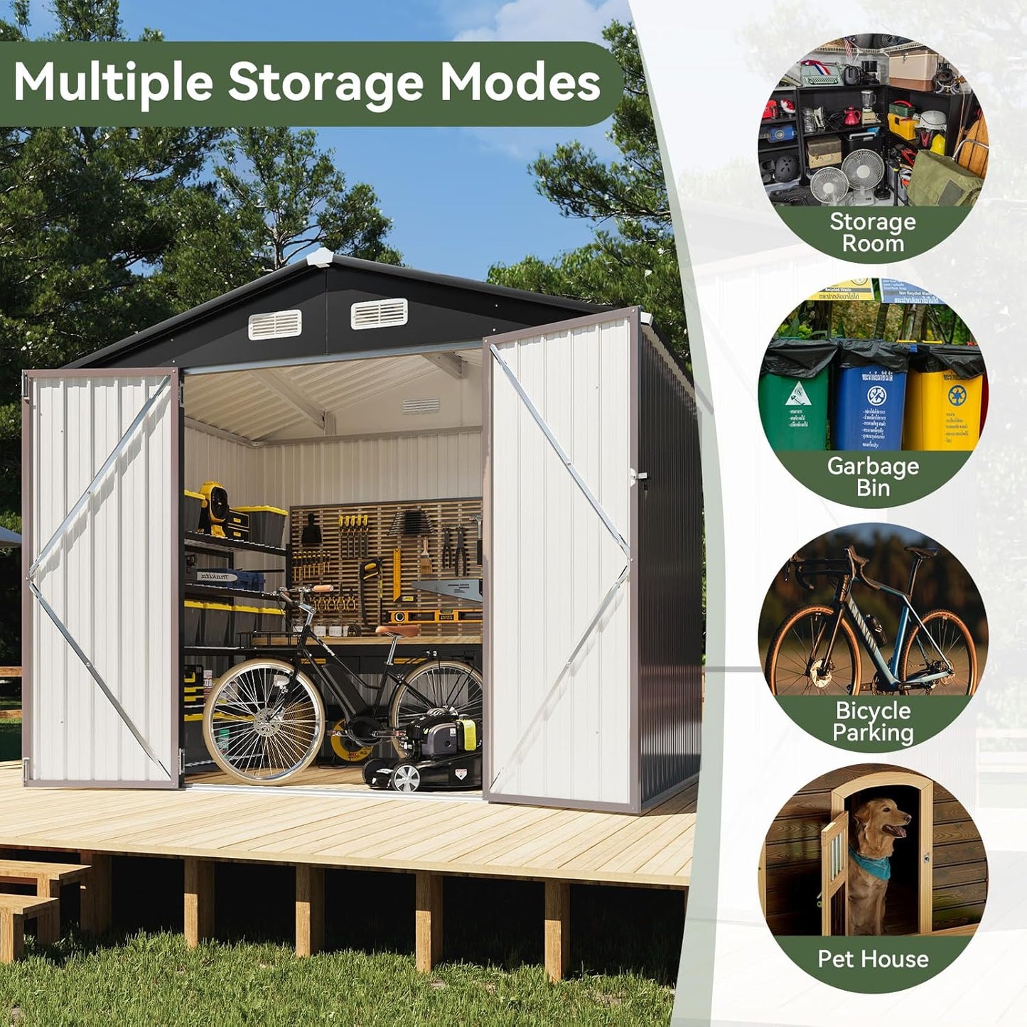 Aoxun 7x5 FT Outdoor Storage Shed Garden Metal Shed with Lockable Door Outdoor Large Shed for Tool, Garbage Can, Bike, Mower, Brown