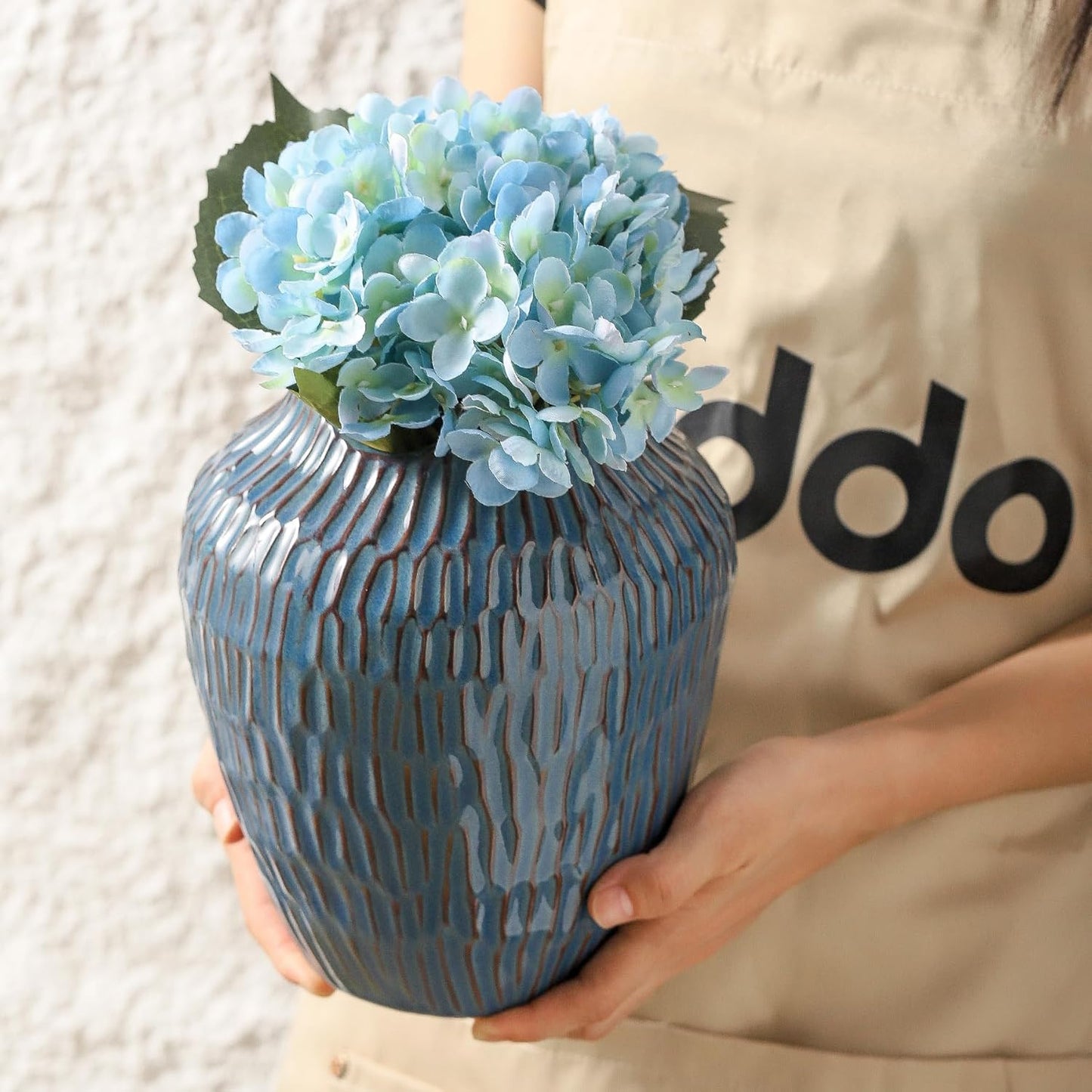 Blue Ceramic Vase for Home Decor,7.8 Inch Flower Vases,Decorative Vase for Pampas Grass,Modern Art Texture Vases for Home Entryway Living Room Dining Table Farmhouse Office Decor- Blue