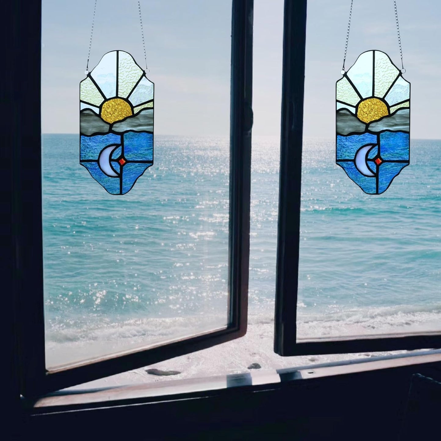 Sun and Moon Suncatchers Decor Stained Glass for Window Hangings,Handcrafted Tiffany Style Stained Glass Art Sun and Moon in The Sky for Living Room Bedroom Balcony (Blue&Yellow)
