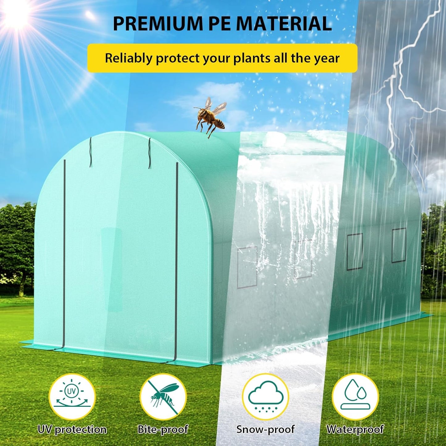 Compact Greenhouse Kit 7'x15'x7' with Galvanized Frame, 140G Green PE Cover, 1 Door & 8 Windows for Outdoor Gardening