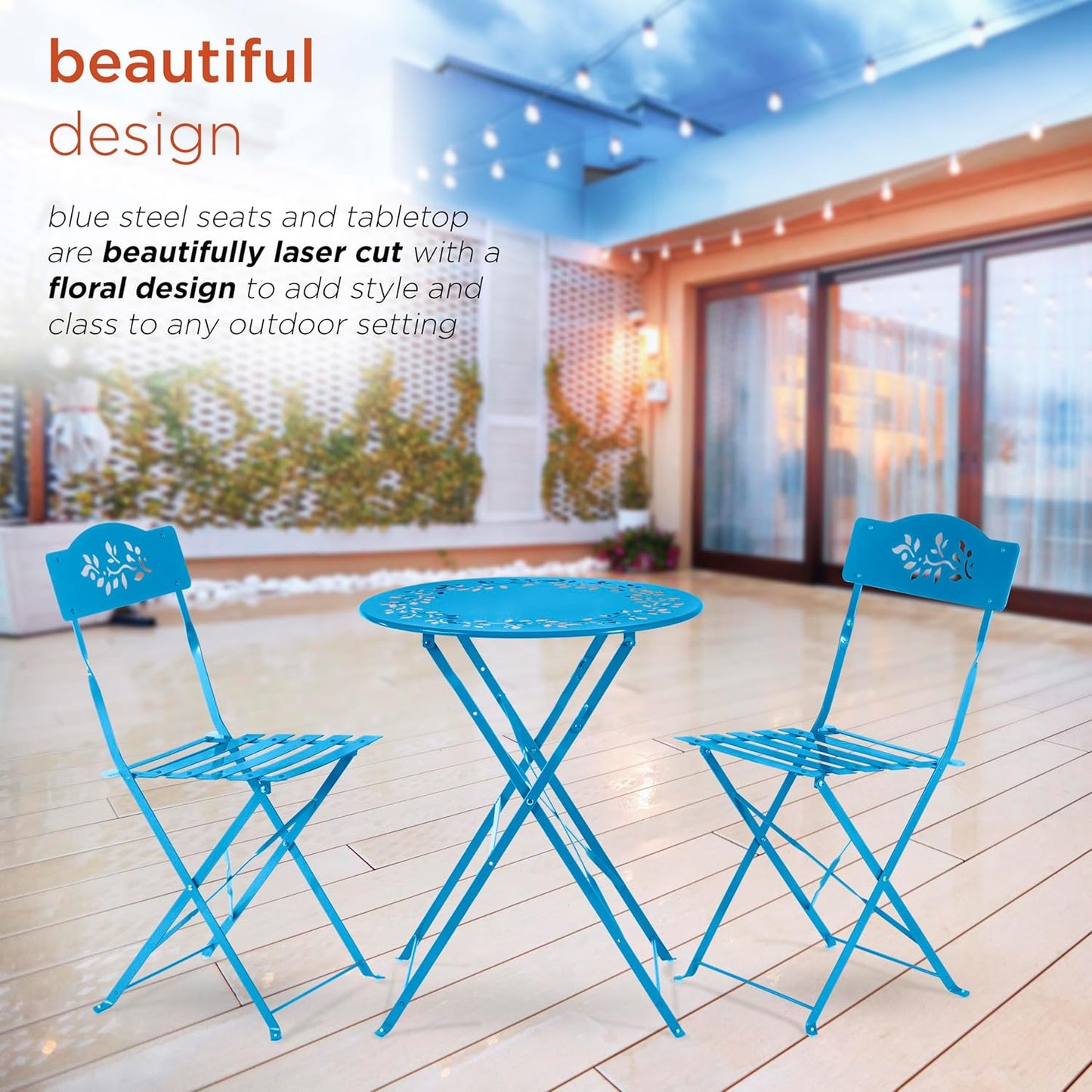 Alpine Corporation MSY100A-BL 3-Piece Indoor/Outdoor Bistro Set with Folding Table and Chairs, Durable Steel Patio Furniture, Vibrant Blue